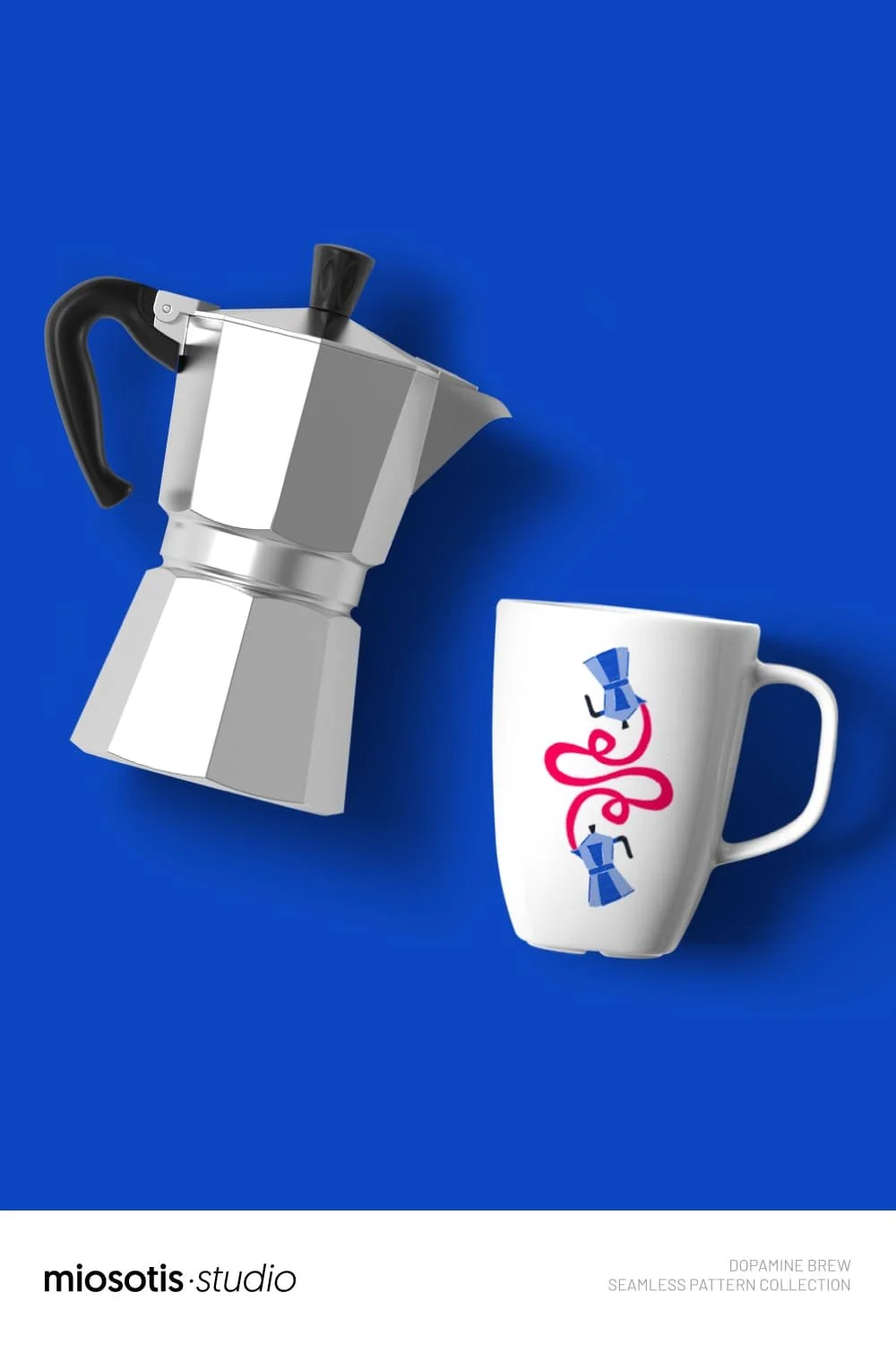 Moka pot and coffee mug styled on a bold blue background, showcasing the Dopamine Brew pattern in product form.