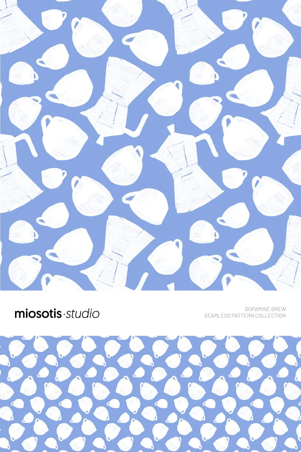 Seamless coffee mug pattern in white and cornflower blue, playful crayon-textured repeat design.
