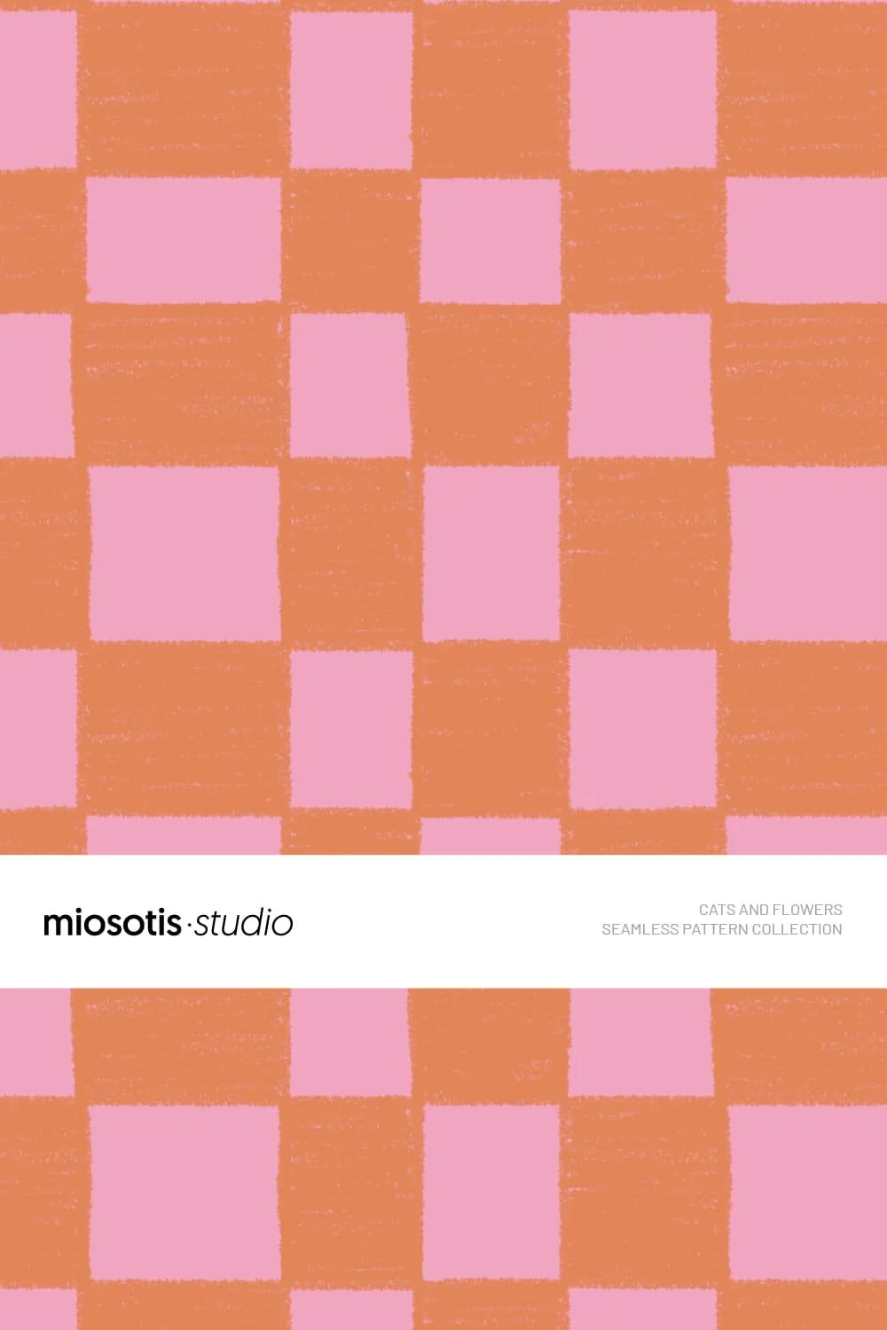 Hand-drawn gingham check seamless pattern in pink and orange, designed for children’s textiles and stationery.