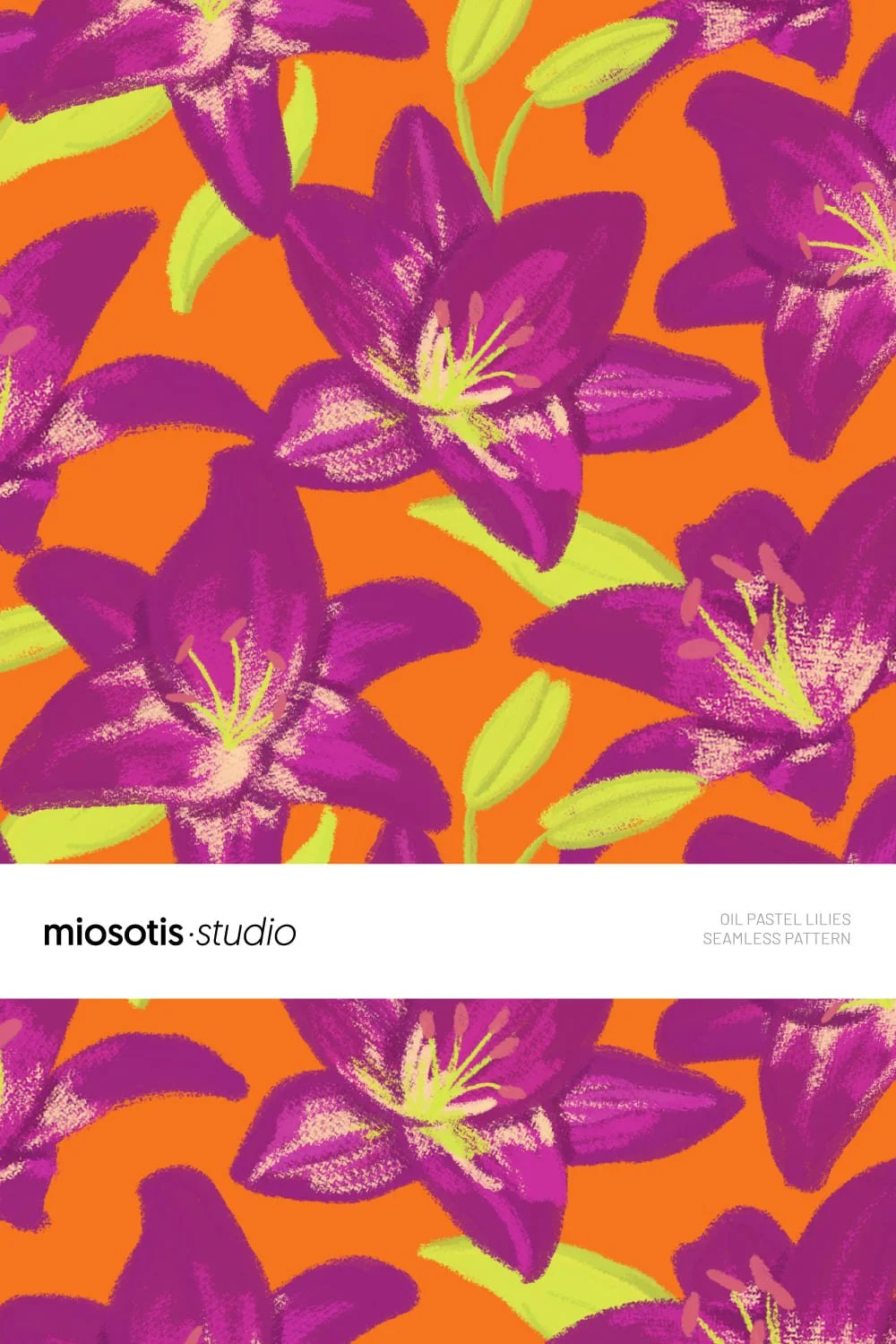 Bold oil pastel lily seamless pattern featuring expressive lilies on a vibrant orange background.