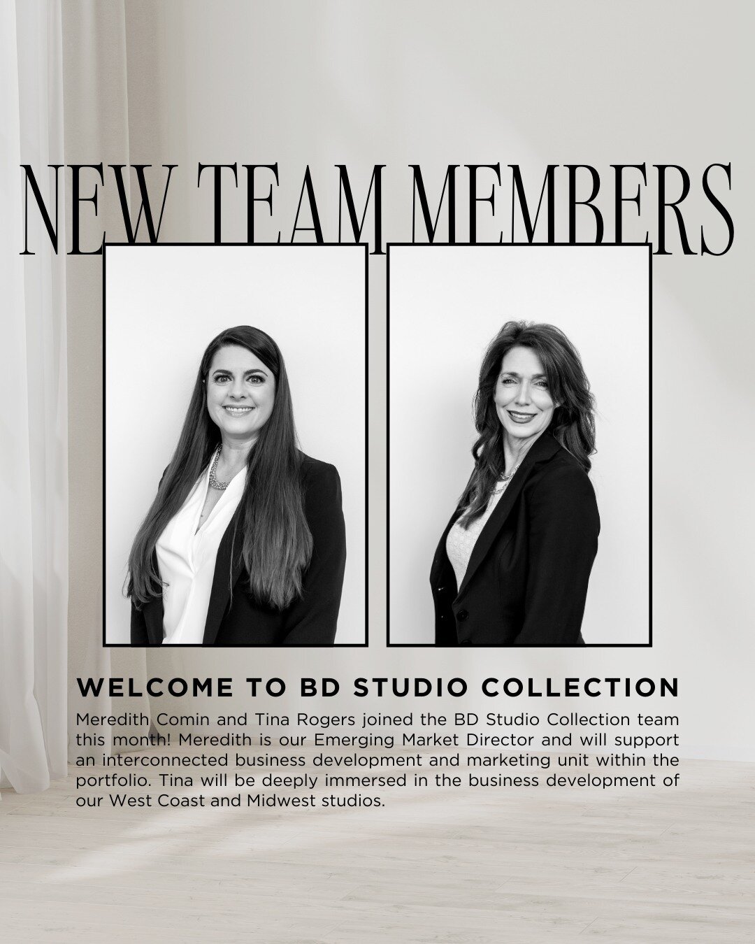 Say HELLO to the newest team members of BD Studio Collection - Meredith Comin and Tina Rogers! 👋🏻

👉🏻 Meredith Comin - Emerging Market Director
Meredith will support an interconnected business development and marketing unit within the portfolio. 