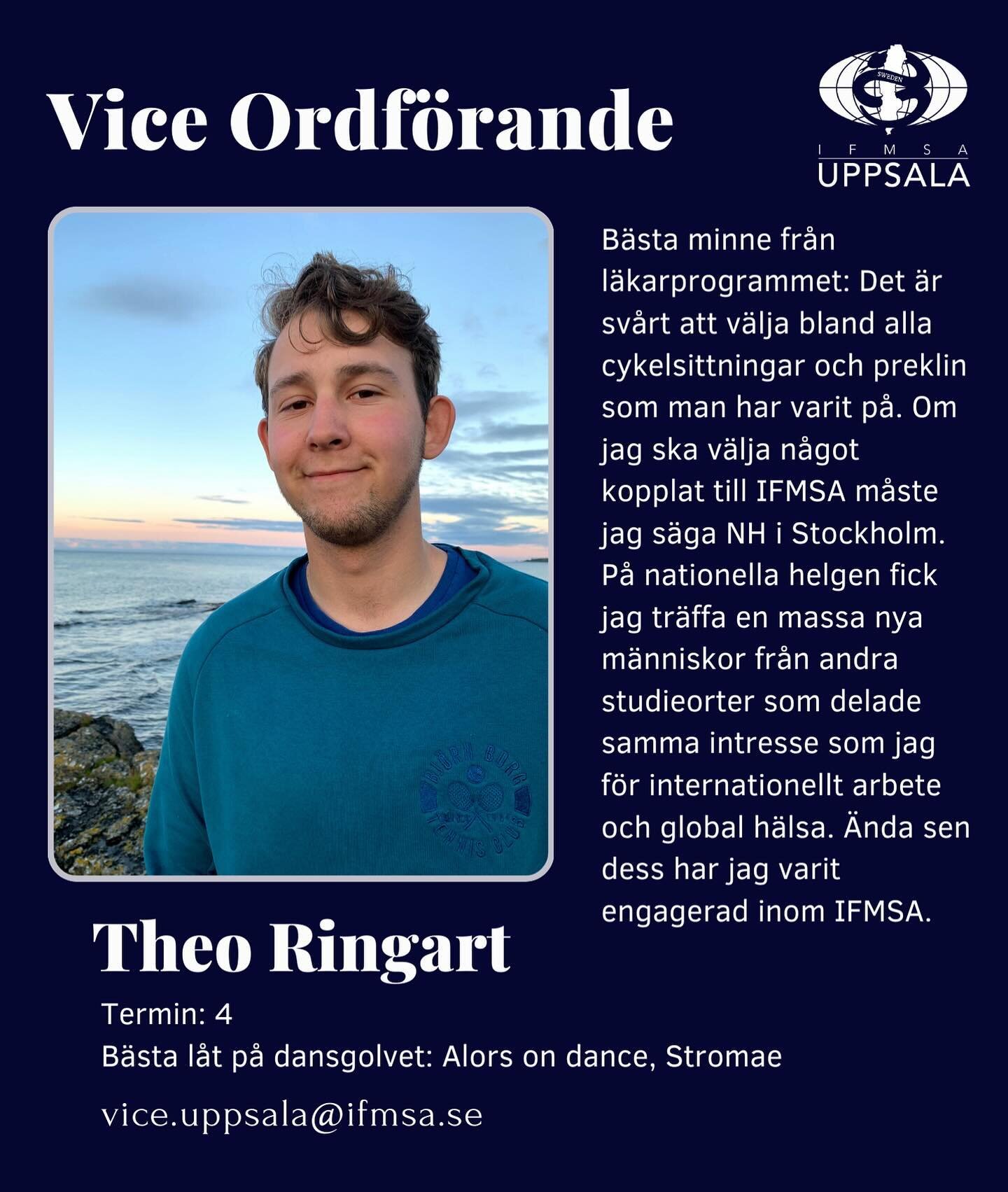 N&auml;sta styrelsemedlem p&aring; tur att introduceras &auml;r vice ordf&ouml;rande Theo Ringart! 
&rdquo;Min roll inneb&auml;r att st&ouml;tta ordf&ouml;rande och de olika projekten i deras arbete samt hj&auml;lpa till med rekrytering av nya medlem