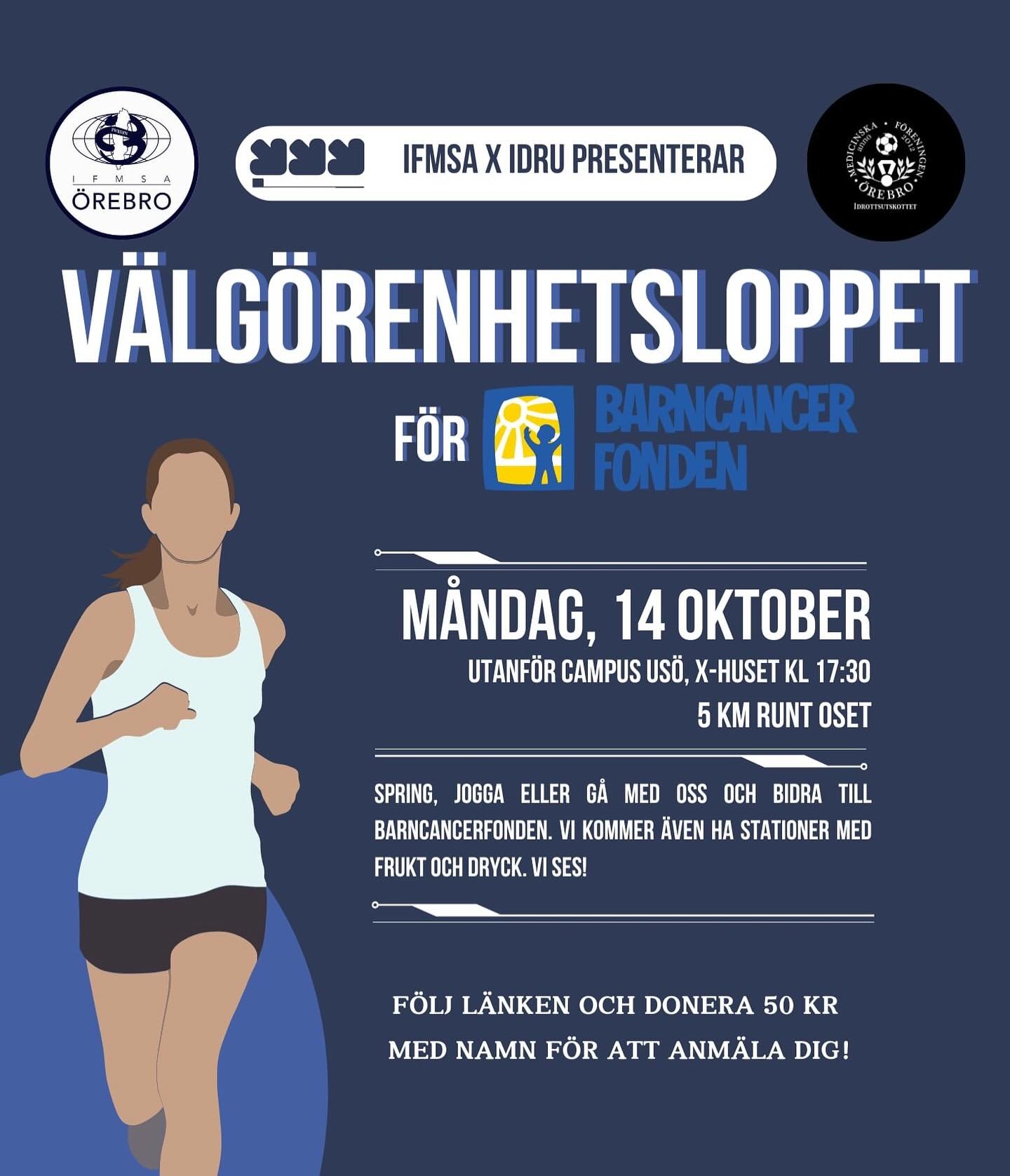 💙💙💙
IFMSA och IDRU bjuder er till att delta i v&auml;lg&ouml;renhetsloppet 2024🏃&zwj;♀️&zwj;➡️. Den 14 oktober samlas vi utanf&ouml;r campus US&Ouml; och springer/joggar/g&aring;r 5 km tillsammans. Anm&auml;l dig genom att donera 50kr eller mer v