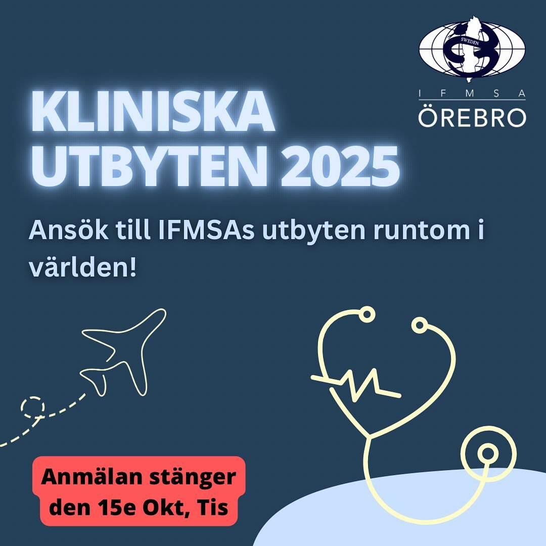 Ans&ouml;kan f&ouml;r kliniska utbyten med IFMSA &auml;r fortfarande &ouml;ppen! Missa inte chansen att f&aring; en unik erfarenhet och utvecklas som student. G&aring; in och ans&ouml;k nu!💙