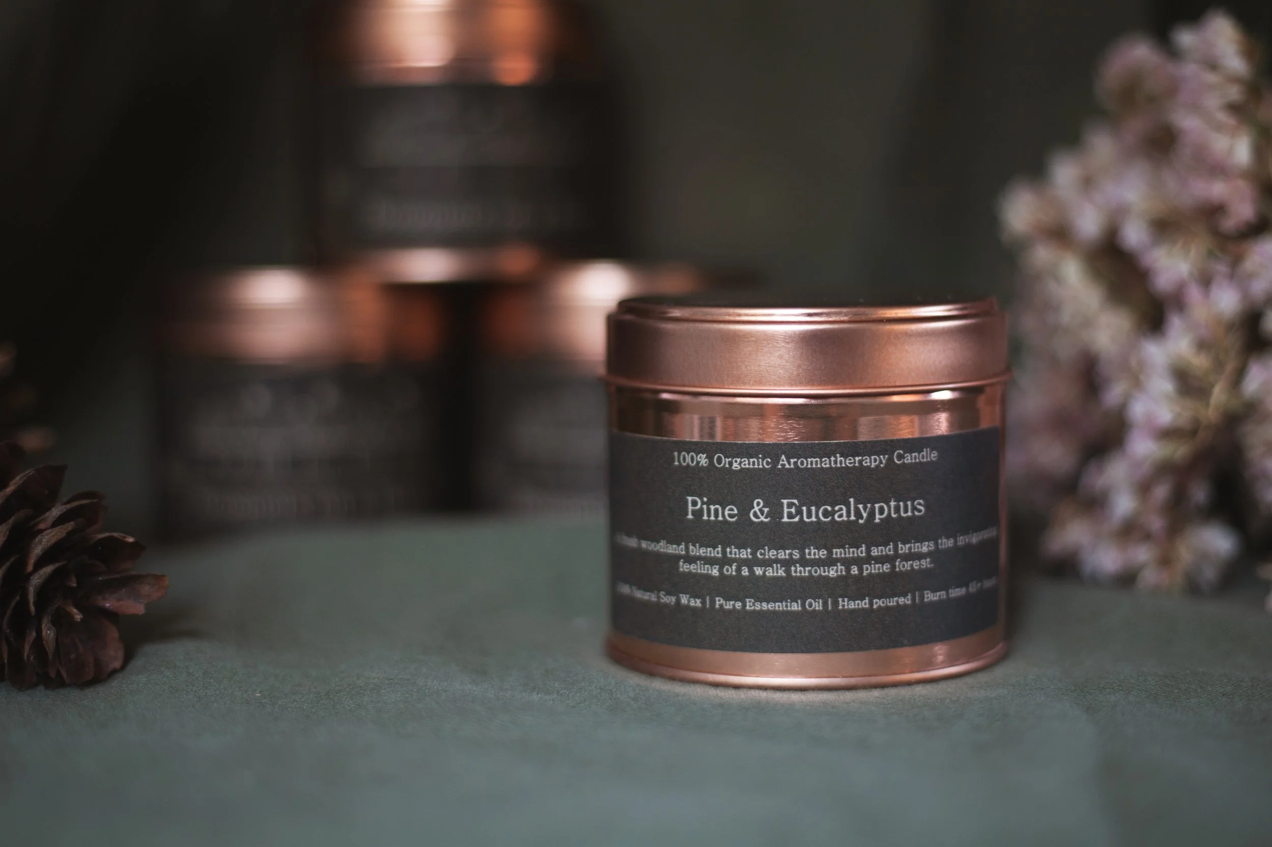 Pine and Eucalyptus organic aromatherapy soy candle by Bouquets on a Boat in an amber glass jar with a copper lid, styled with pinecones and dried flowers.