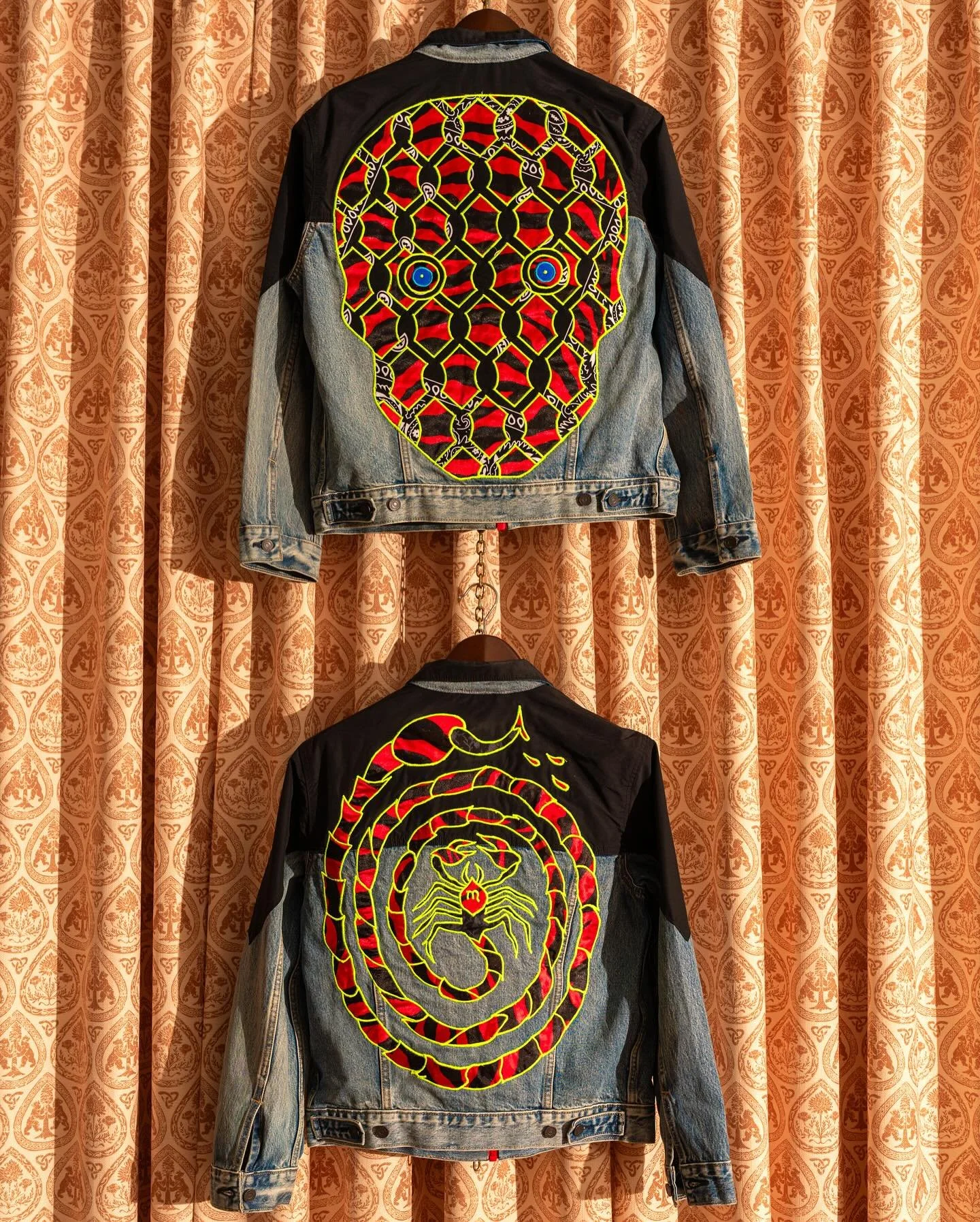 From worn denim and vintage band tees (check the Iron Maiden) to salvaged fabric scraps, our friend @benvenom gives new life to forgotten materials in his textile works. Come see his art in person, and learn more about this incredible artist at the l