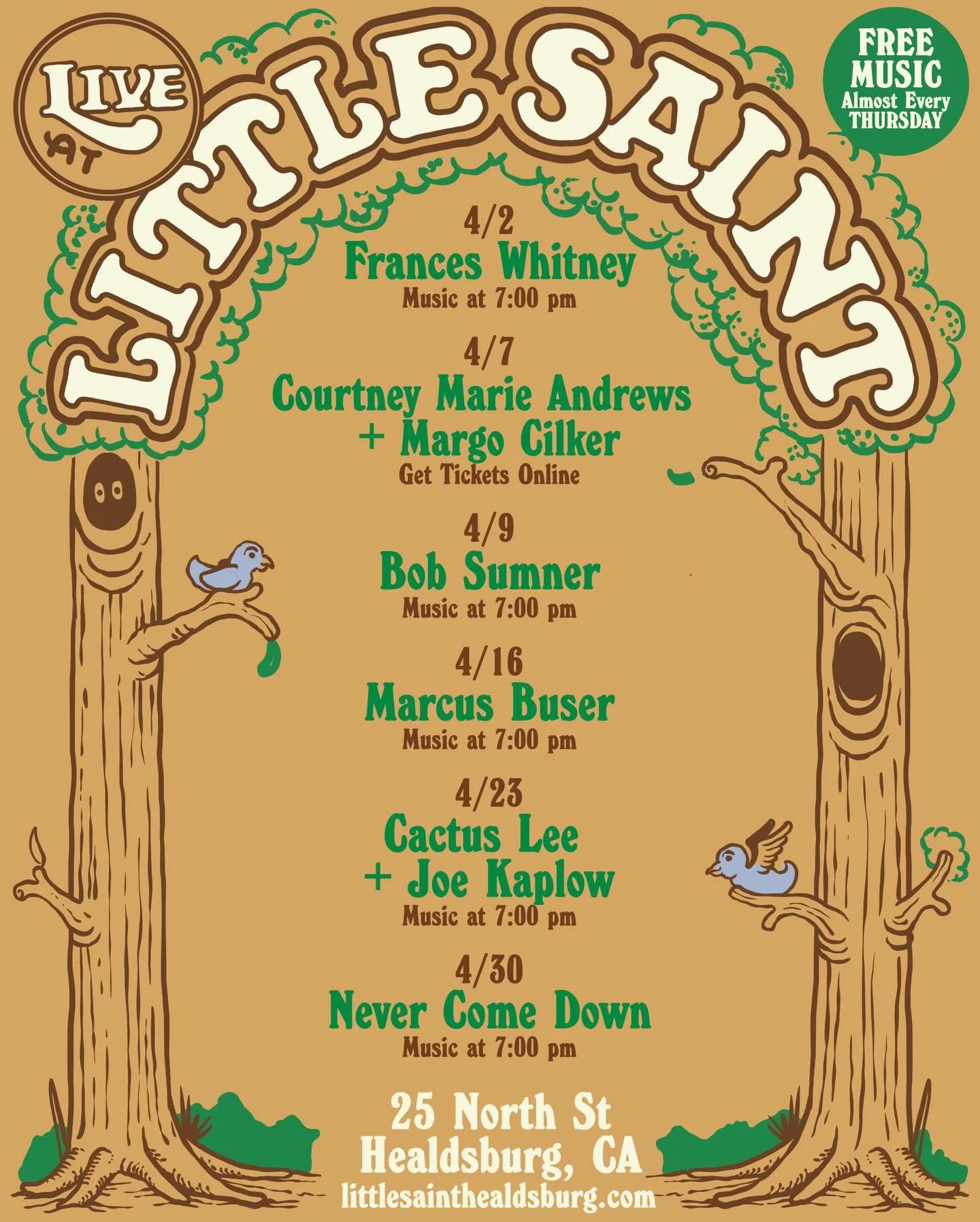 April Lineup is here - check it out! 👇

Thu, Apr 2 | FREE &mdash; @frannybanany 
Raised in San Francisco and shaped by her deep California roots, Frances Whitney is a lifelong lyricist who began writing songs at six. Her work carries a quiet emotion