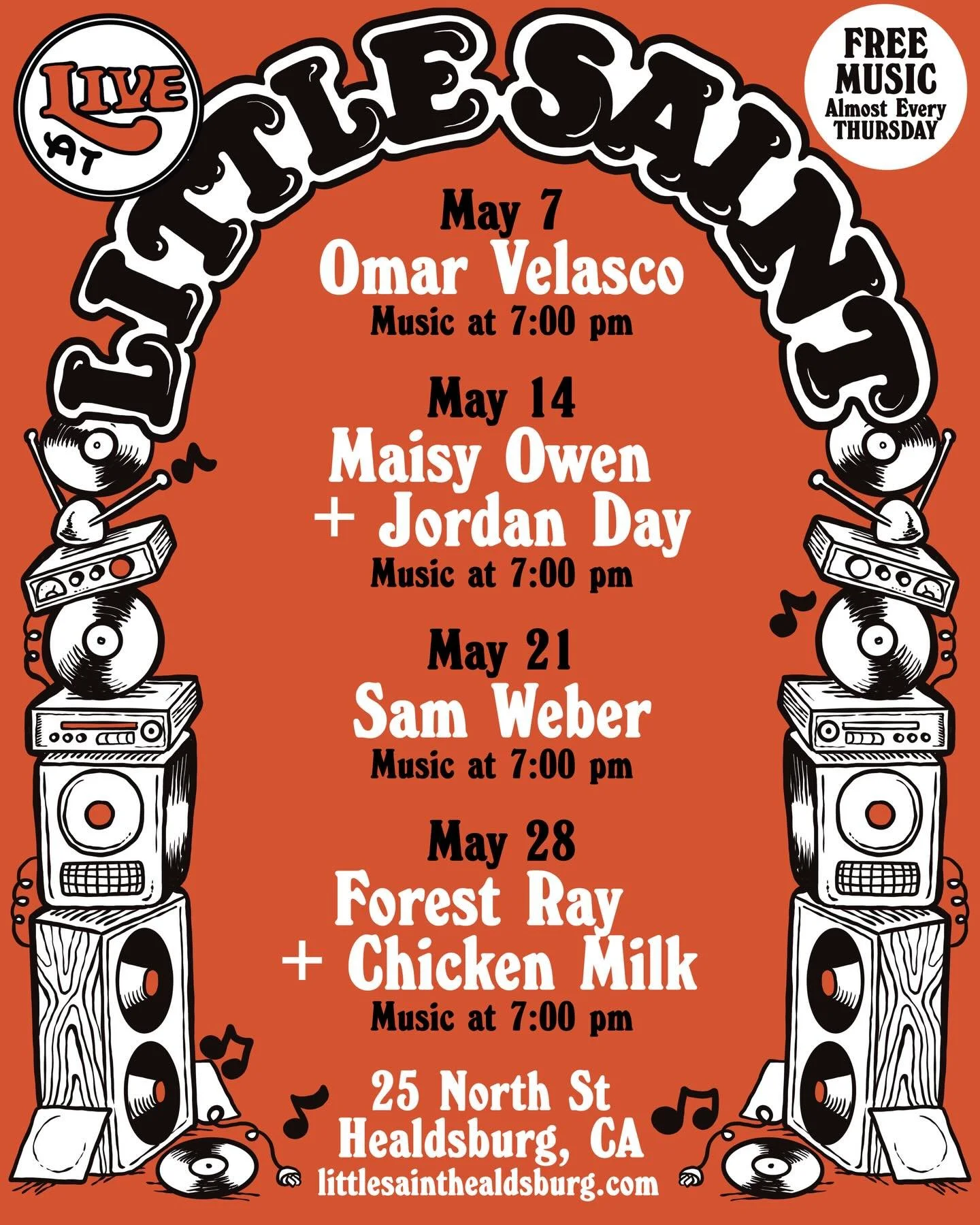 May at Little Saint &mdash;> 🎶Nothing but free, beautiful music ahead. Doors: 6:00 PM // Shows: 7:00 PM

Thu, May 7 | FREE &mdash; @omarvelus 
Los Angeles based singer-songwriter and multi-instrumentalist Omar Velasco blends his Jewish-American a