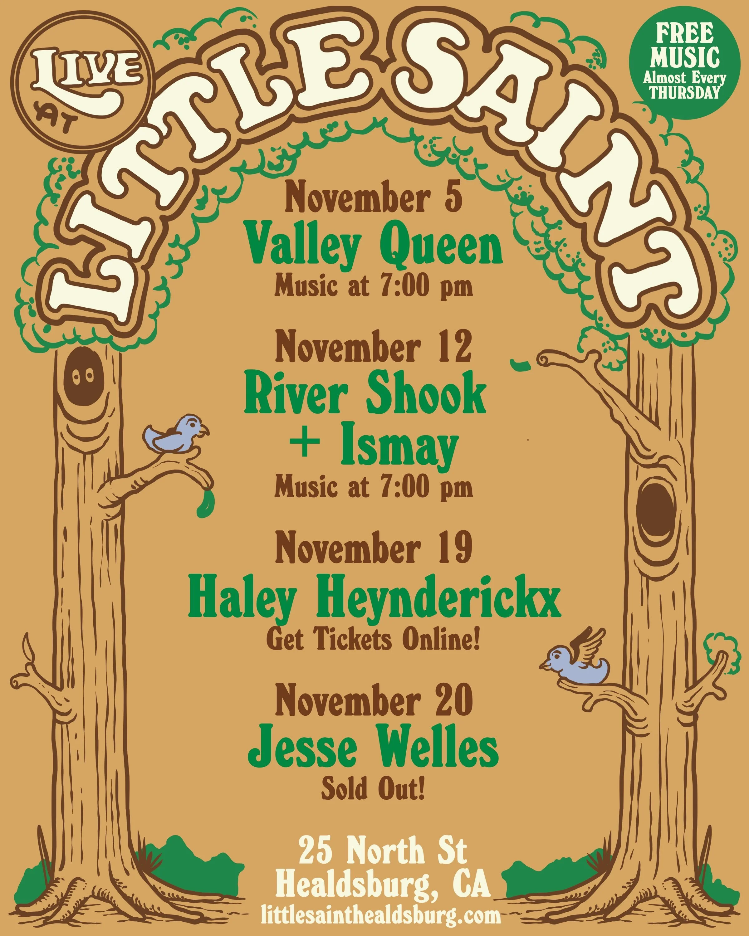 NOVEMBER LINEUP is HERE. See you upstairs!

✨ FREE SHOWS
Thu, Nov 5 &mdash; @valleyqueenmusic 
Thu, Nov 12 &mdash; @rivershookforever + @ismaymusic 
Thu, Nov 26 - No Music - Happy Thanksgiving!

🎟️ TICKETED SHOWS

Thu, Nov 19 &mdash; LOW TICKET ALER