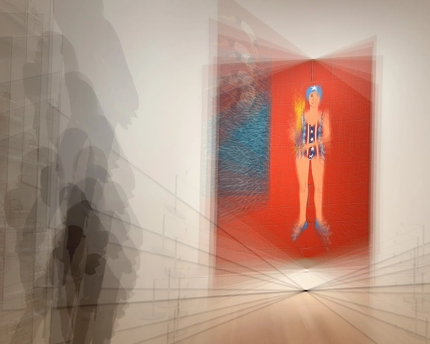 Abstract ICM Bluristic  photo - People observing contemporary art in a gallery, with the art piece featuring a stylized woman in a blue hat and colorful outfit, surrounded by a red background and geometric patterns.