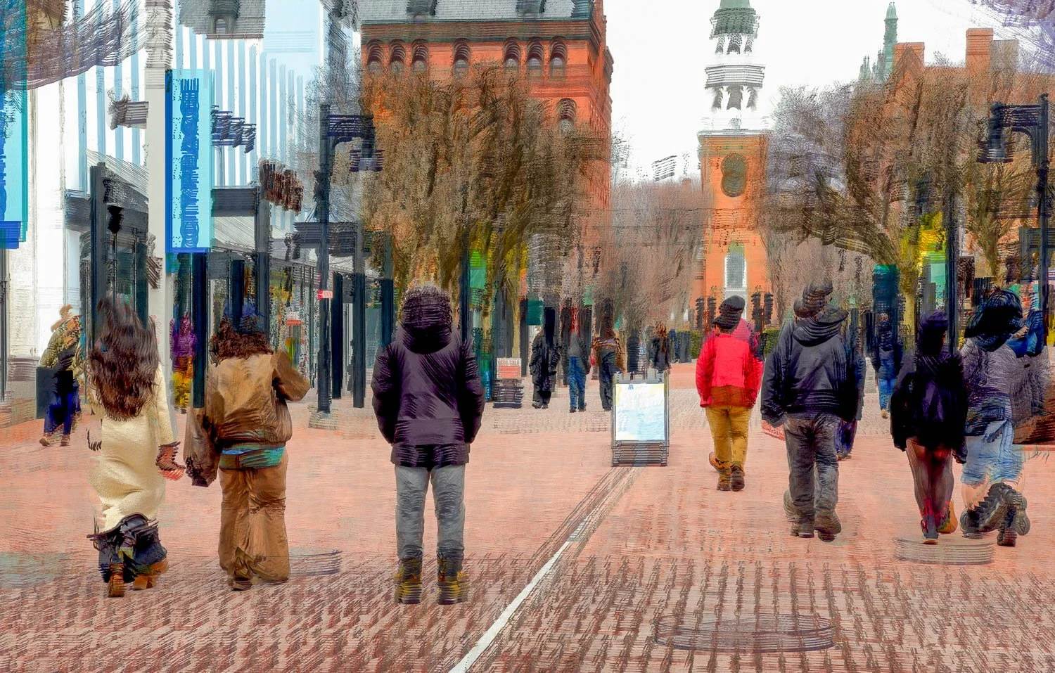 ICM abstract image of people strolling along Church Street, Burlington, VT