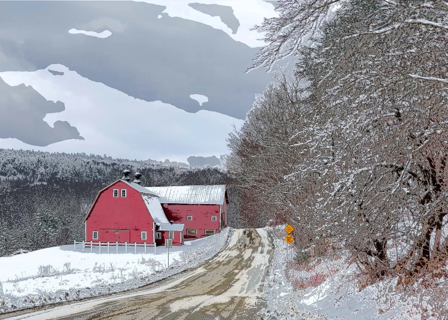 Abstract ICM Bluristic  photo - A snow-covered rural landscape with a red barn, a winding snow-covered dirt road, snow-laden trees, and a cloudy sky.