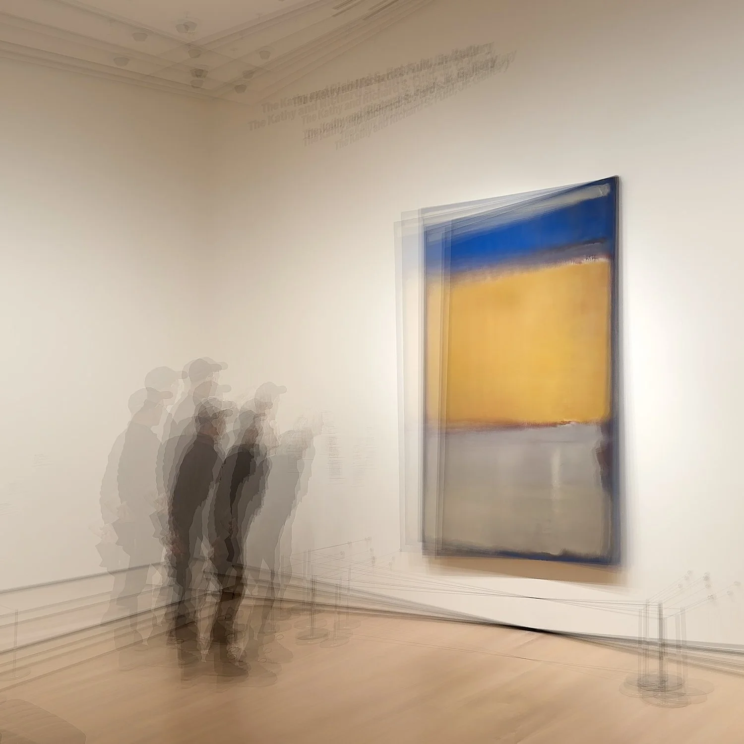 Abstract ICM Bluristic  photo - Several people are looking at a large, colorful abstract painting in an art gallery. The image has a motion blur effect.
