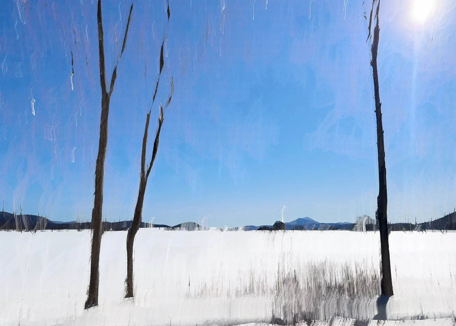 	
Abstract ICM Bluristic  photo -  a snowy landscape under a clear blue sky, with a few tall, leafless trees in the foreground and distant mountains on the horizon.