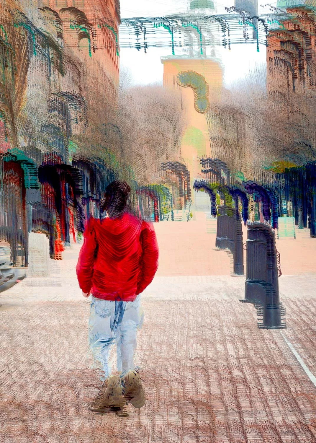Abstract ICM Bluristic  photo - A blurred image of a boy strolling up Church Street, a main shopping thoroughfare of Burlington, Vermont