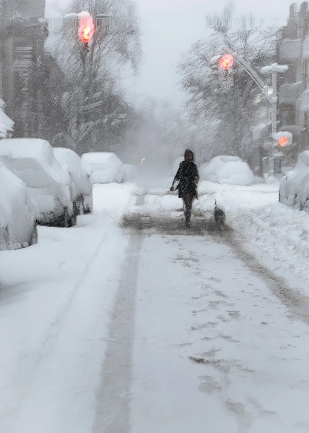 	
Abstract ICM Bluristic  photo - Person walking a dog down a snow-covered street during a snowstorm, with snow-covered parked cars and leafless trees along the sides, illuminated by red traffic lights.