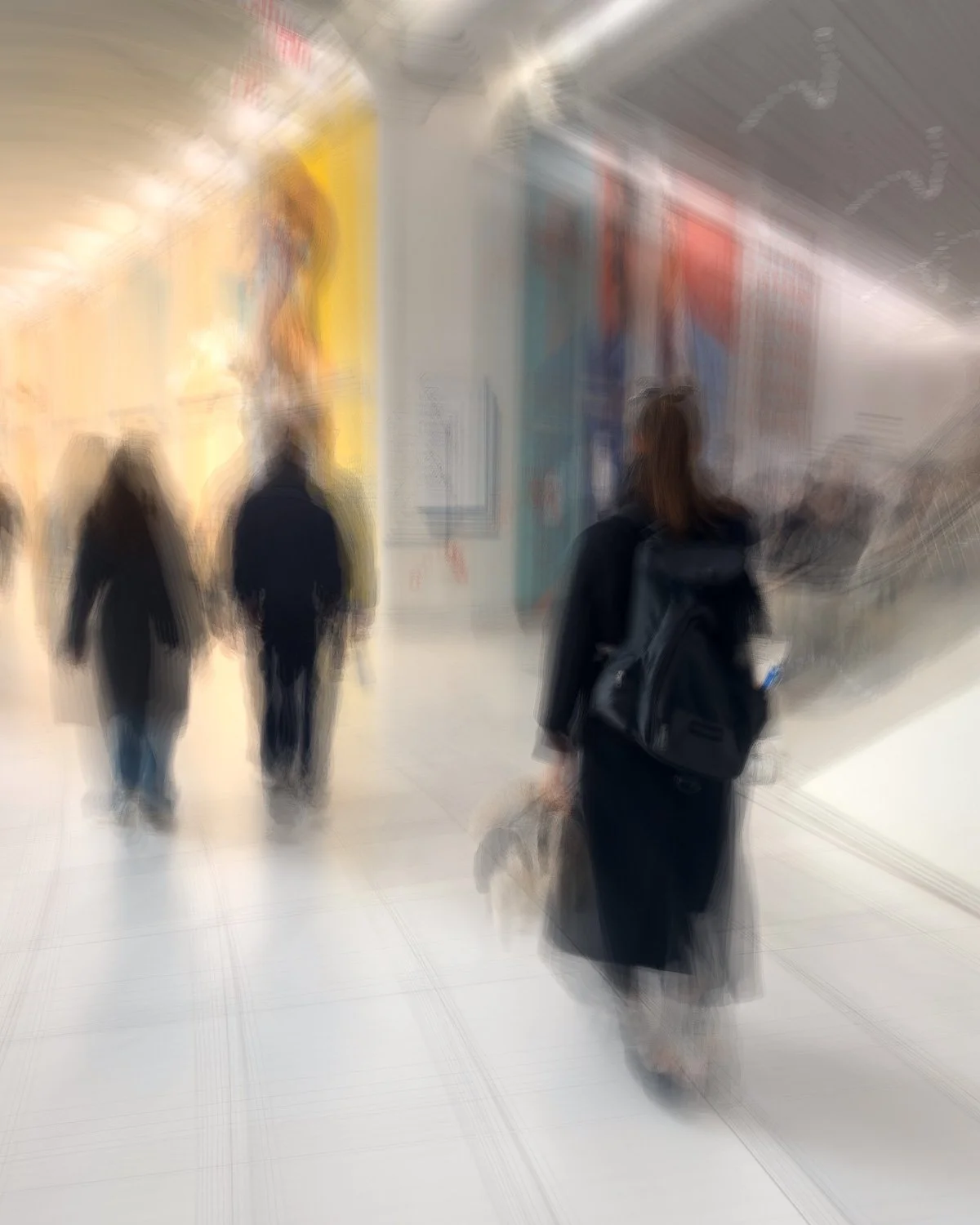 Abstract ICM Bluristic  photo - people walking in an indoor public space, possibly a shopping mall or airport.