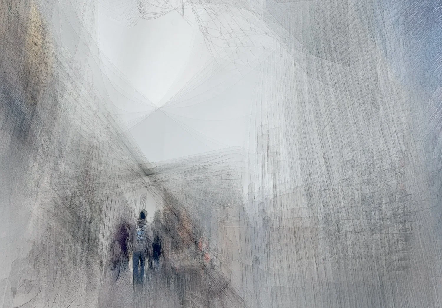 	
Abstract ICM Bluristic  photo - People walking through an abstract, digitally manipulated cityscape with tall buildings and a cloudy sky.