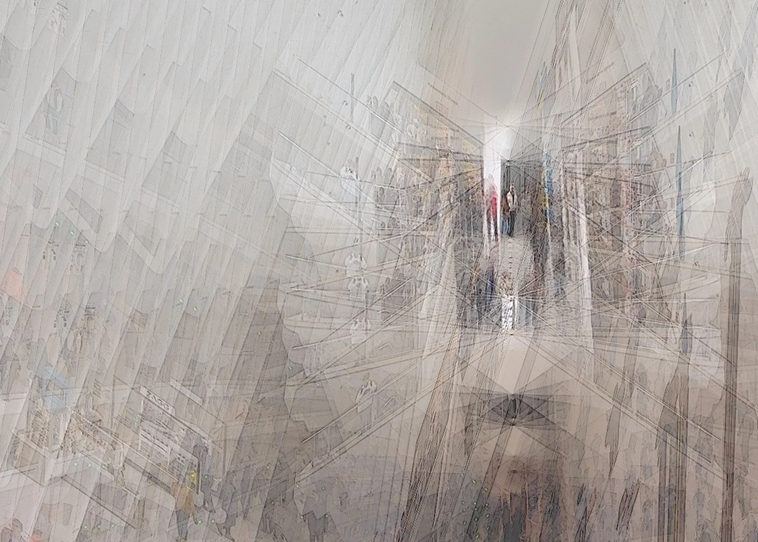 Abstract ICM Bluristic  photo - Multiple people walking through a long, narrow indoor mall or shopping corridor with multiple stores on both sides and lighting from above.