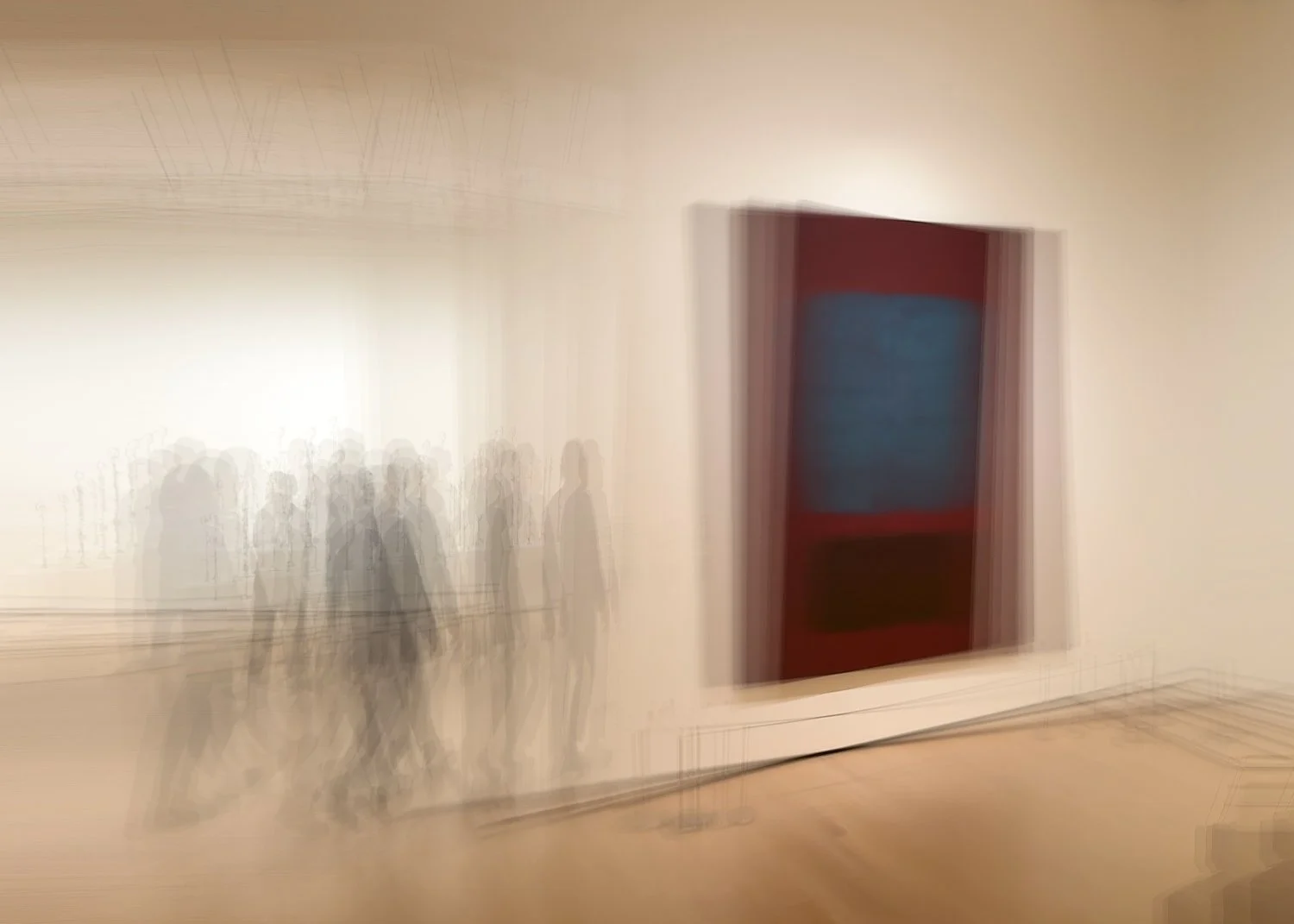 Abstract ICM Bluristic  photo - Abstract blurred image of people walking in an art gallery with a framed artwork on the wall.