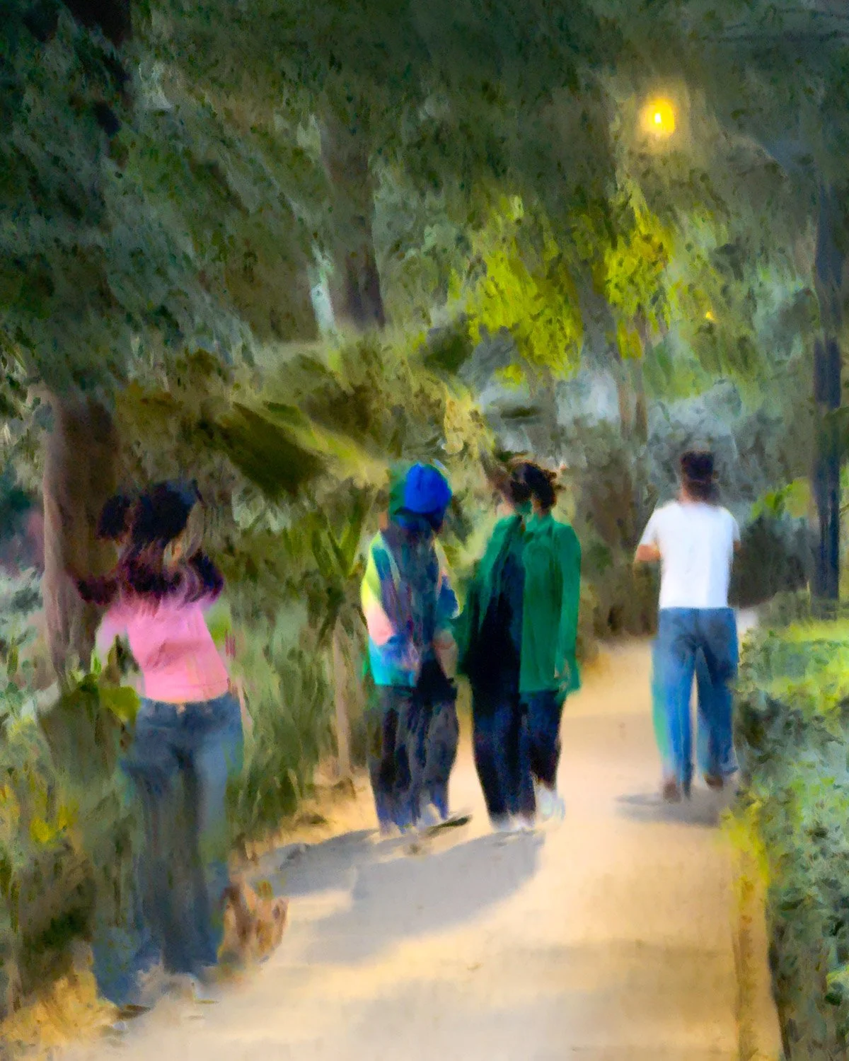 Abstract ICM Bluristic  photo - Four people walking along a tree-lined path during the daytime.