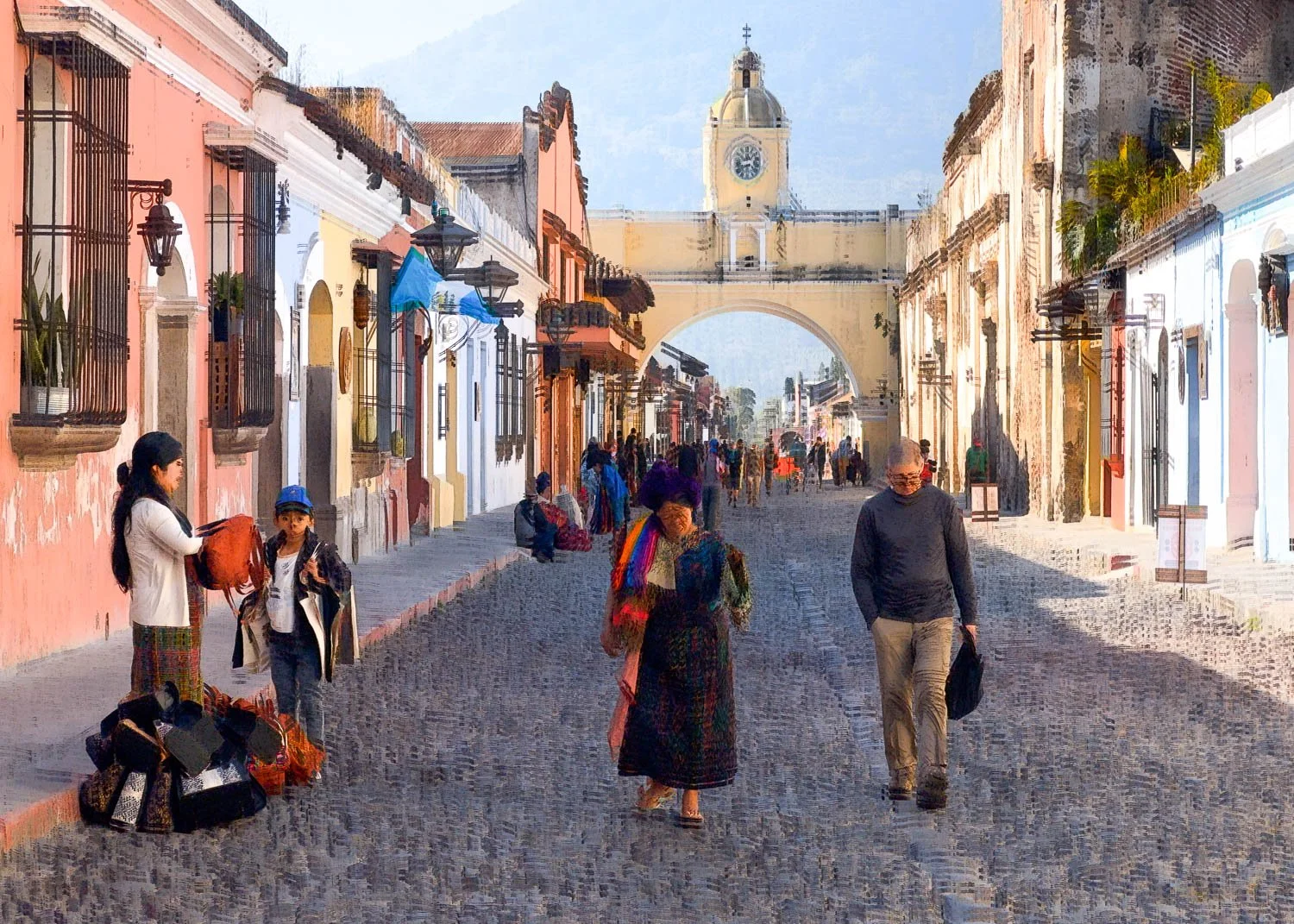 Abstract ICM Bluristic  photo - People walking and shopping along a historic cobblestone street with colonial-style buildings and a clock tower in the background.