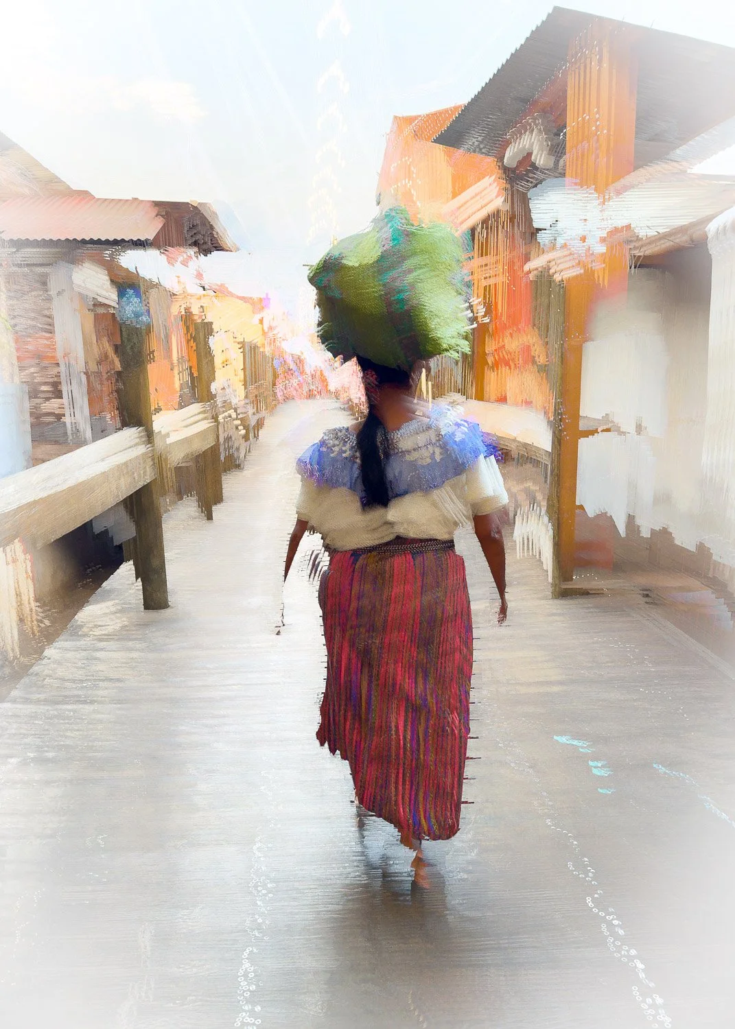Abstract ICM Bluristic  photo - A woman walking down a wooden pathway in a rural village, wearing a colorful skirt and blouse, with her hair in a braid, and with buildings on either side of the pathway.