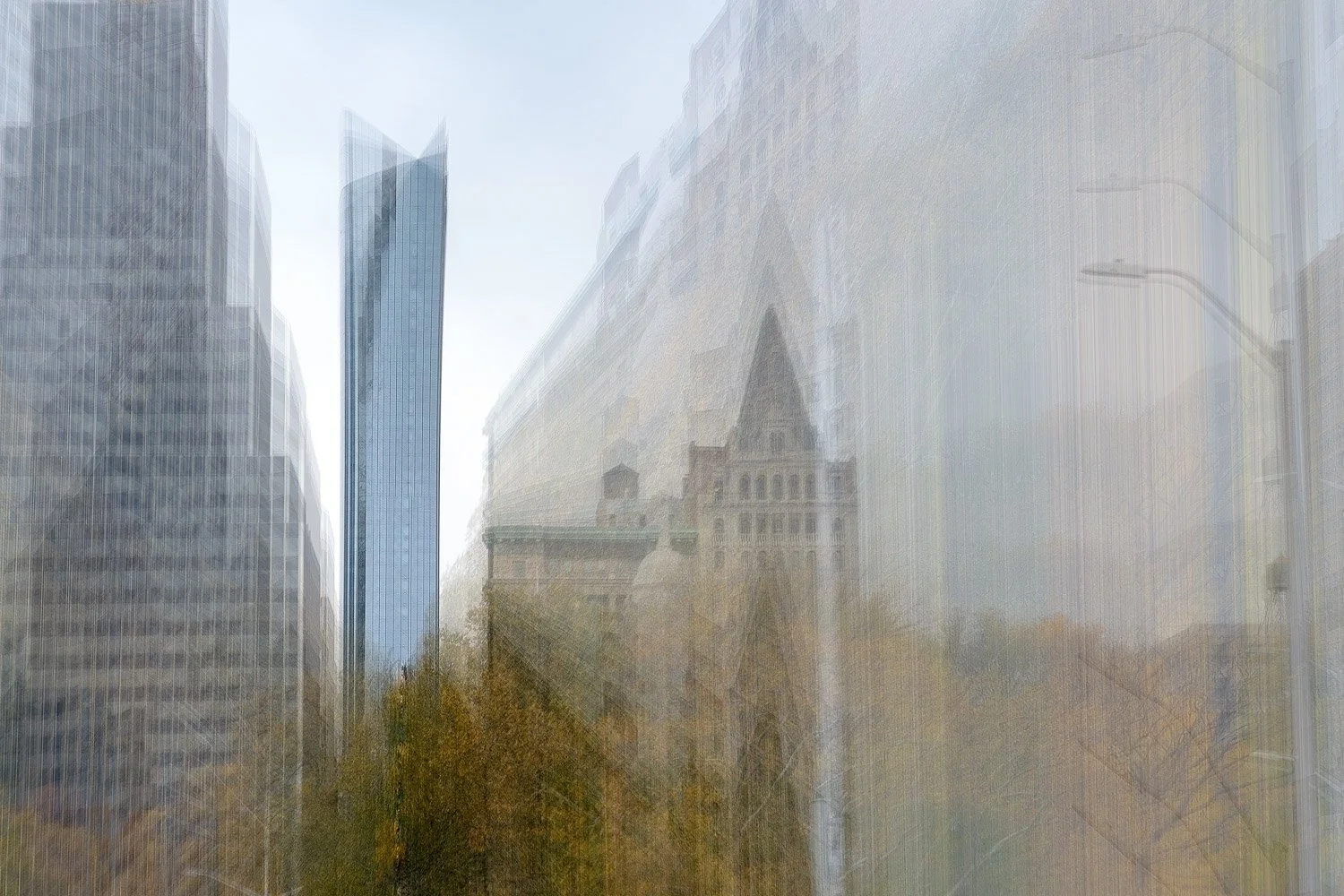 Abstract ICM Bluristic  photo - Overlay of multiple city buildings with tall skyscrapers and ancient architecture, faint trees in the foreground, and a hazy sky.
