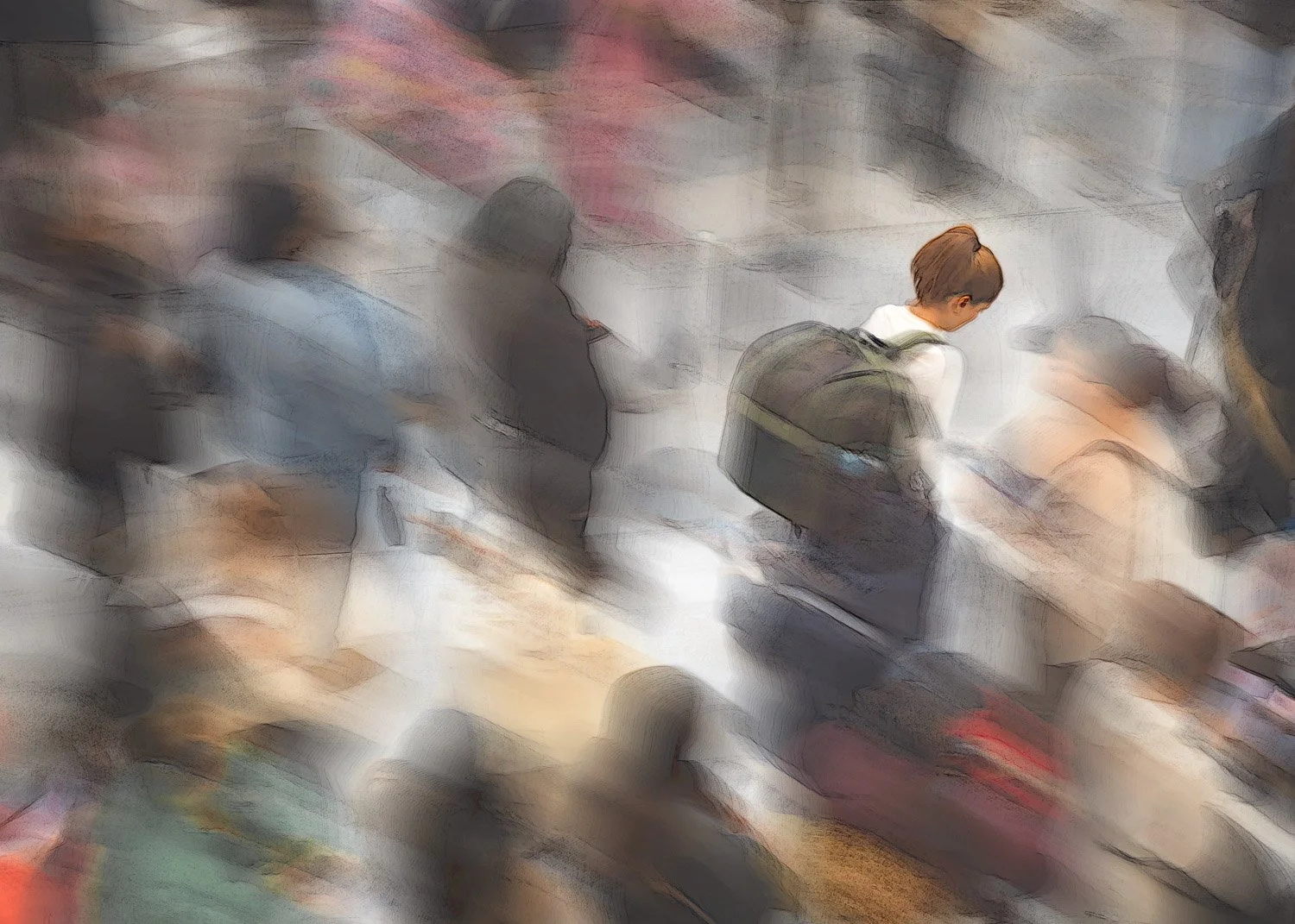 Abstract ICM Bluristic  photo - image of people walking in a crowded area, with one young person carrying a backpack in focus.