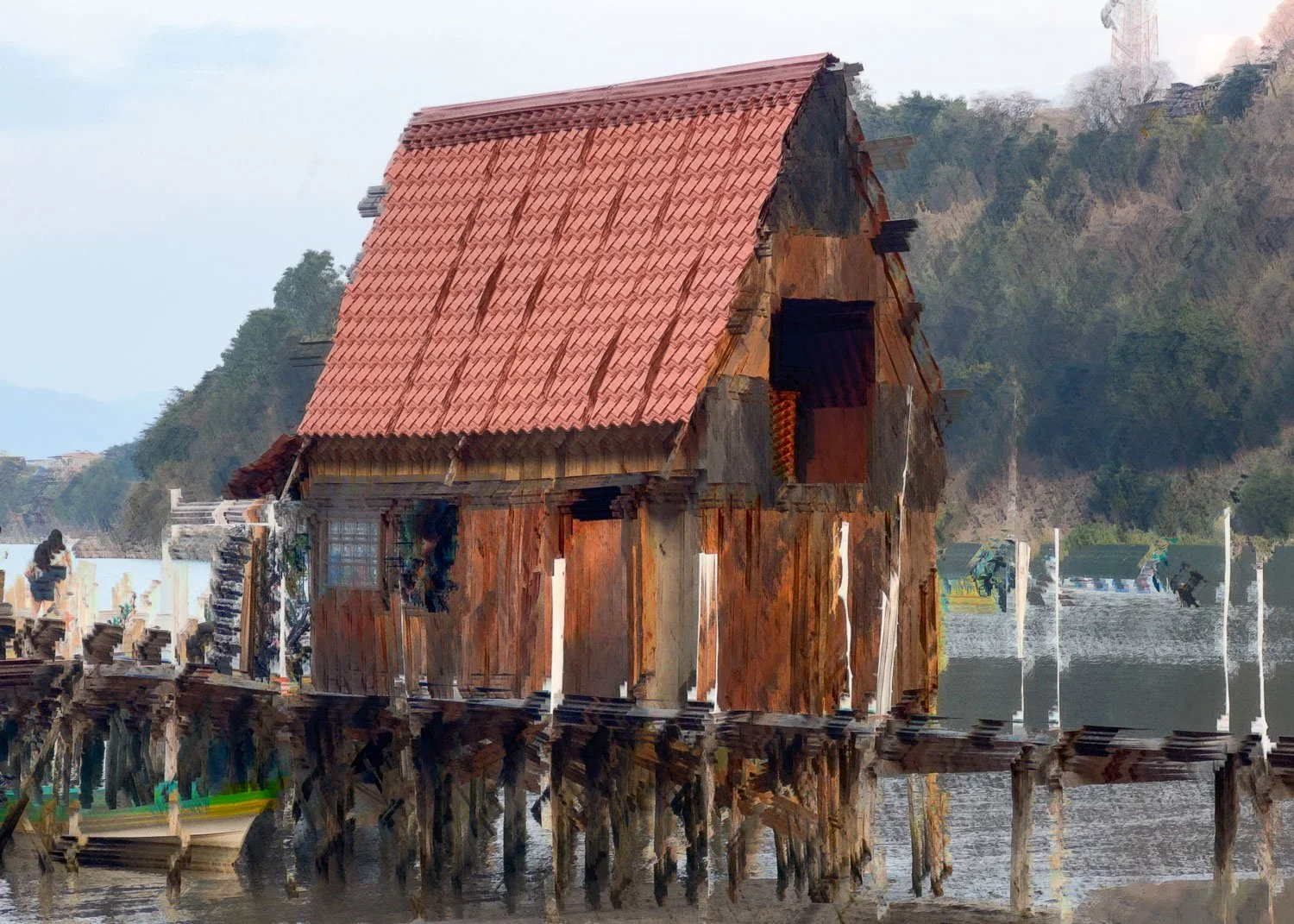 Abstract ICM Bluristic  photo - A weathered wooden house on stilts over water with a red tiled roof and a woman walking on a bridge nearby.