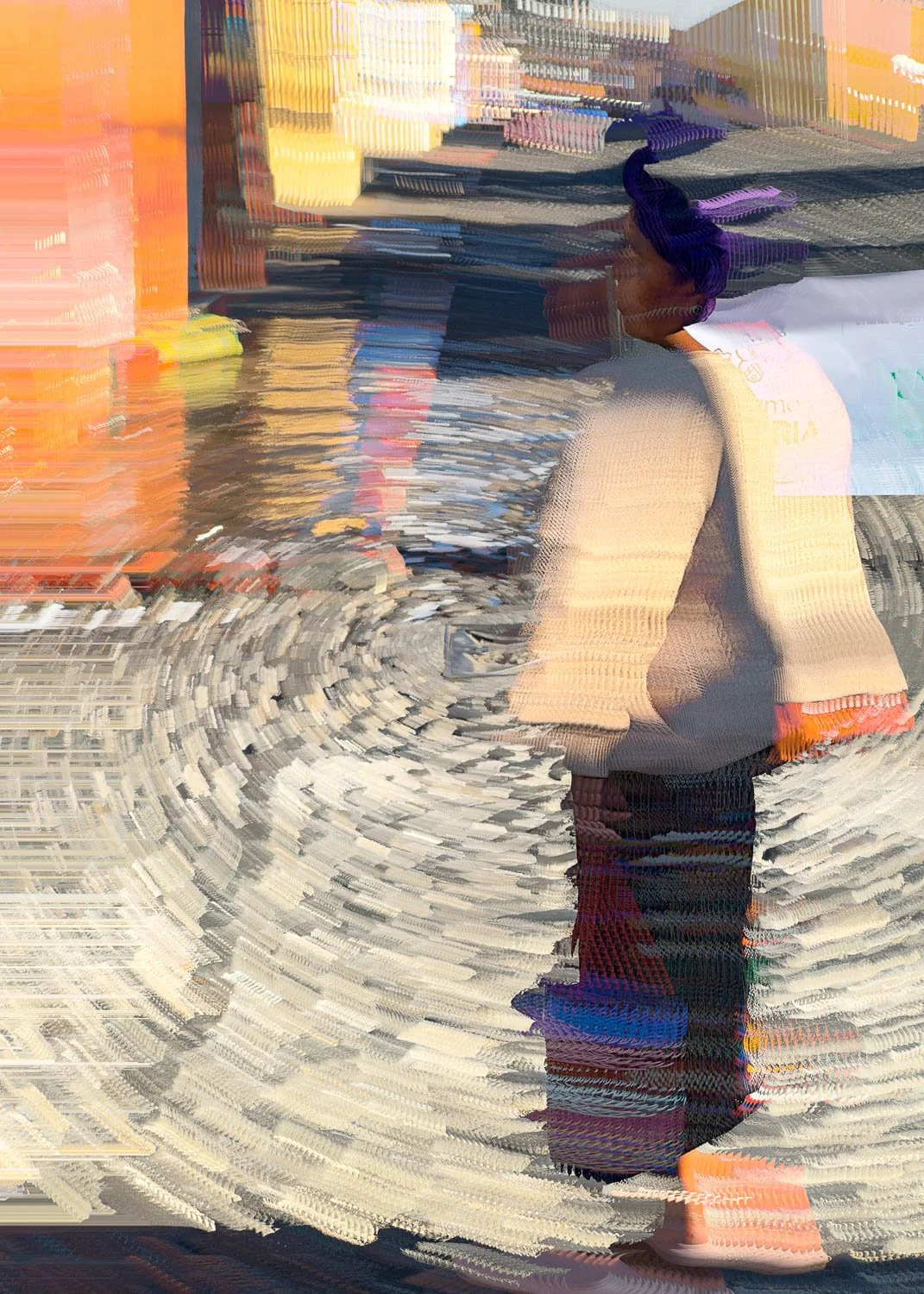 Abstract ICM Bluristic  photo - A woman in a beige sweater standing on a city street with a circular patterned sidewalk, surrounded by colorful, blurry buildings.