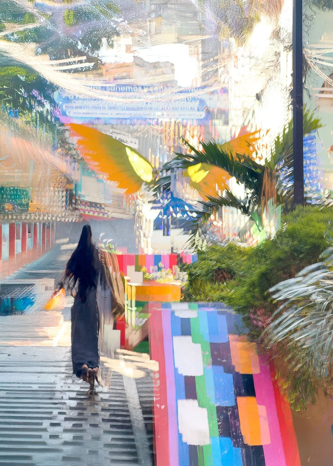 	
Abstract ICM Bluristic  photo -A person walking on a pathway in a colorful, outdoor urban setting, with plants and trees around, and digital distortion effects overlaying the scene.