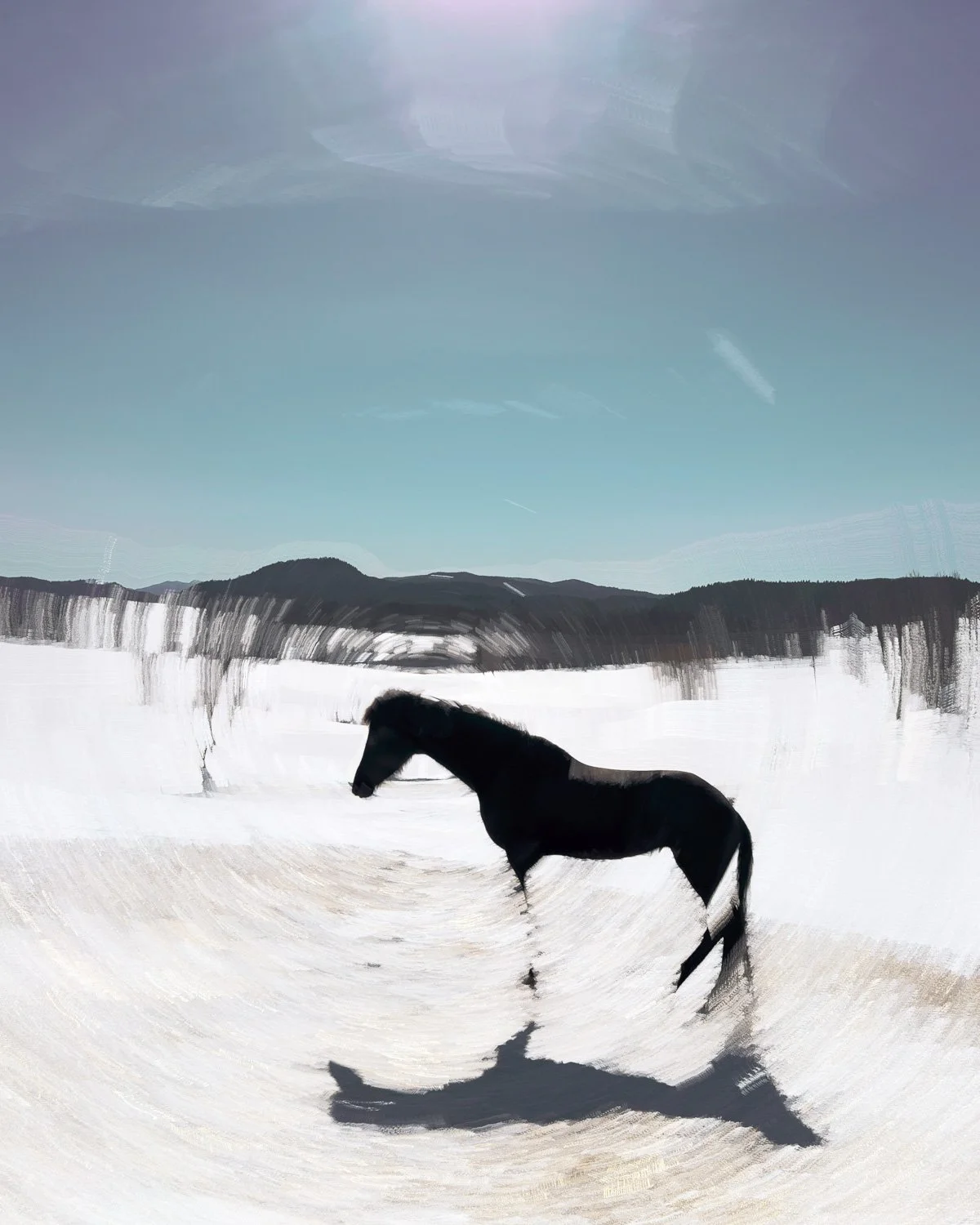 Abstract ICM Bluristic  photo - A black horse standing on snow-covered ground with mountains and blue sky in the background.
