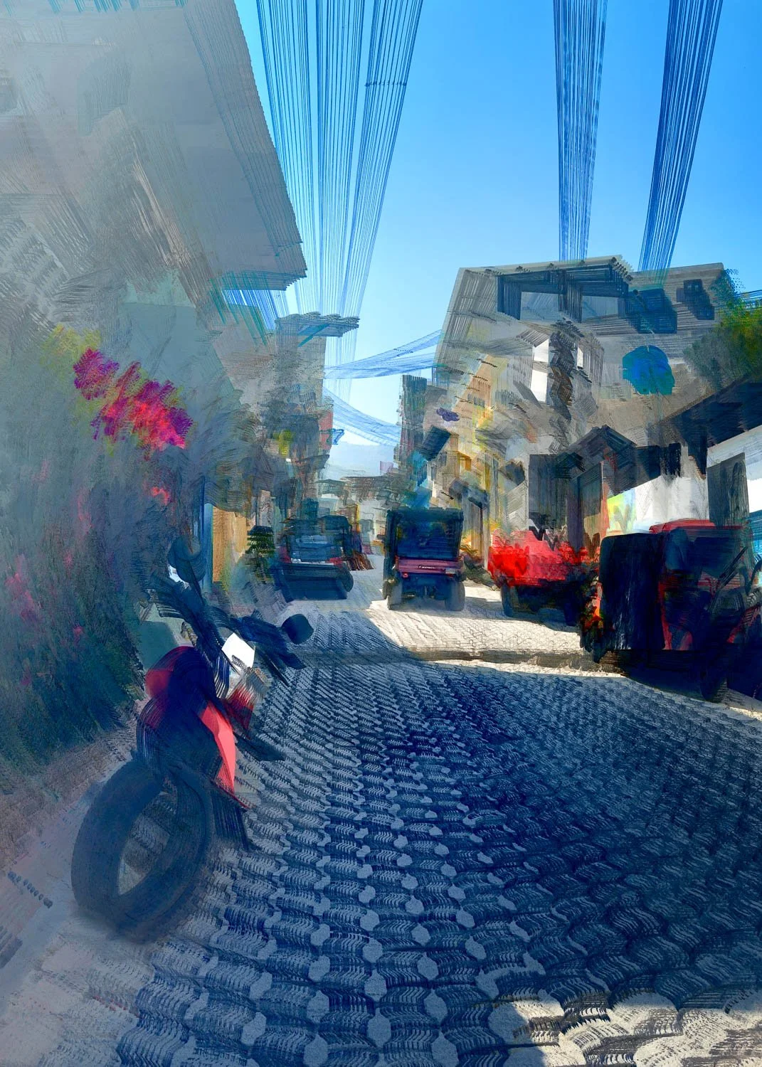 Abstract ICM Bluristic  photo - Street scene with vehicles, buildings, and power lines under a blue sky, with a motorcycle parked on cobblestone pavement.