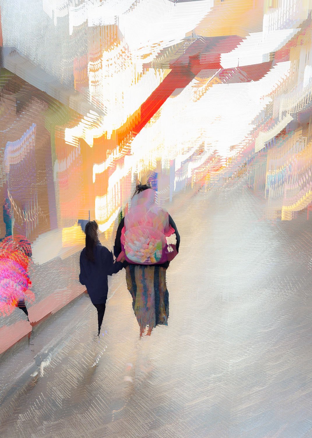 ICM abstract of mother and child walking a street