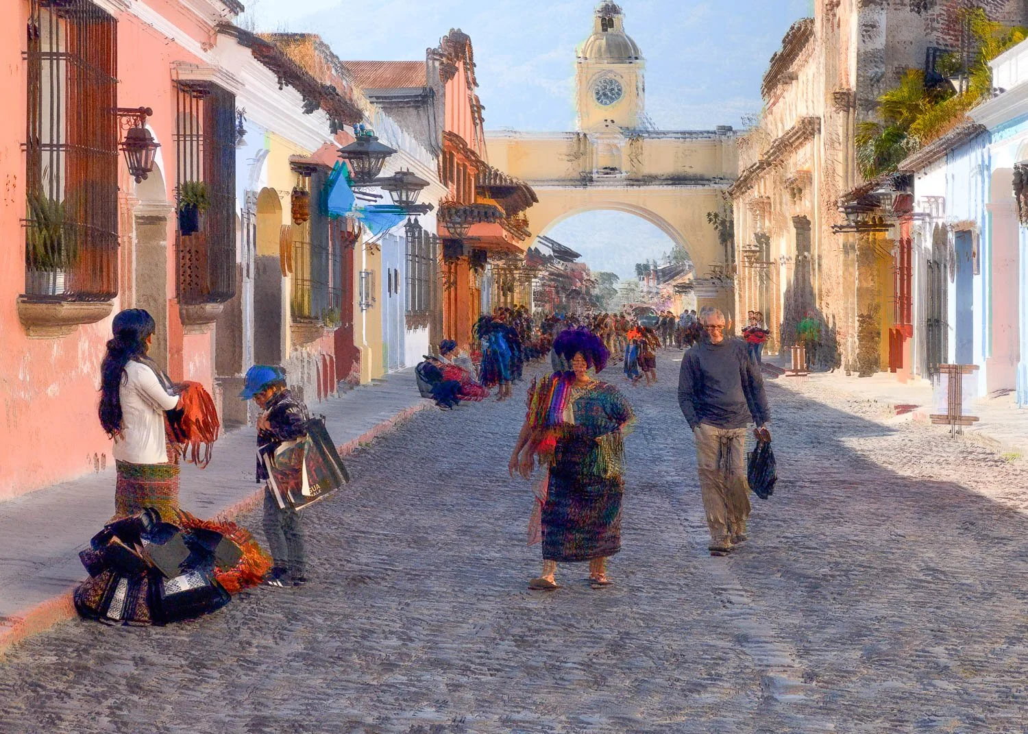 Abstract ICM Bluristic  photo - A colorful street scene with people walking, carrying bags, and selling goods along a cobblestone street lined with pastel buildings, with a clock tower in the background.