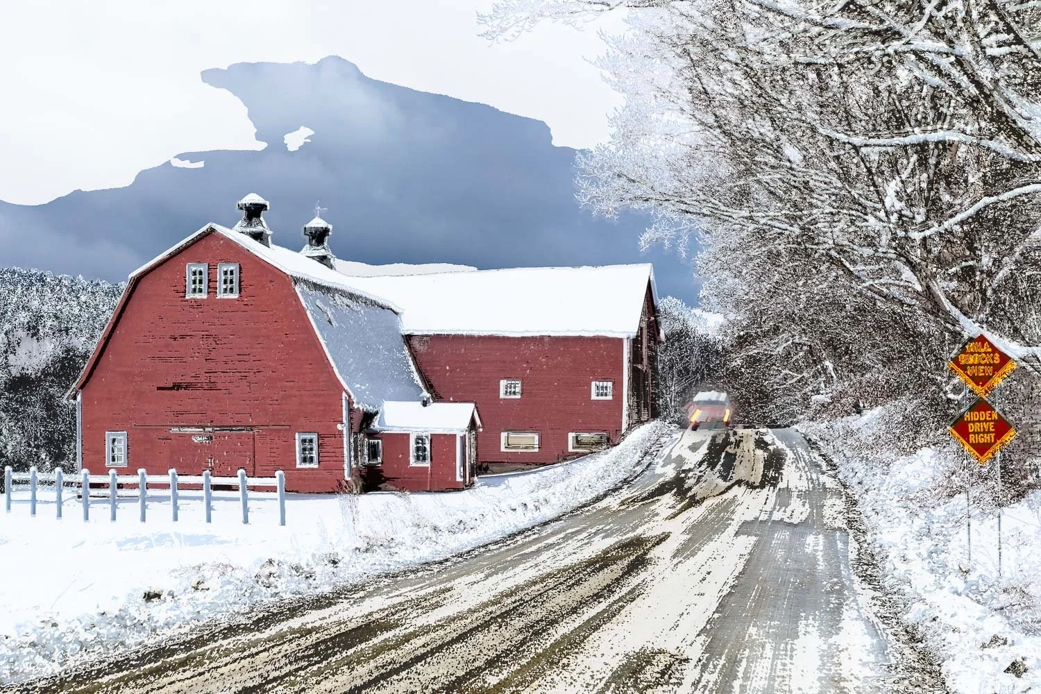 	
Abstract ICM photo - A snow-covered rural scene features a large red barn with a white snow-covered roof, surrounded by snow-laden trees. A muddy, partially cleared road curves past the barn, with a car driving on it. 