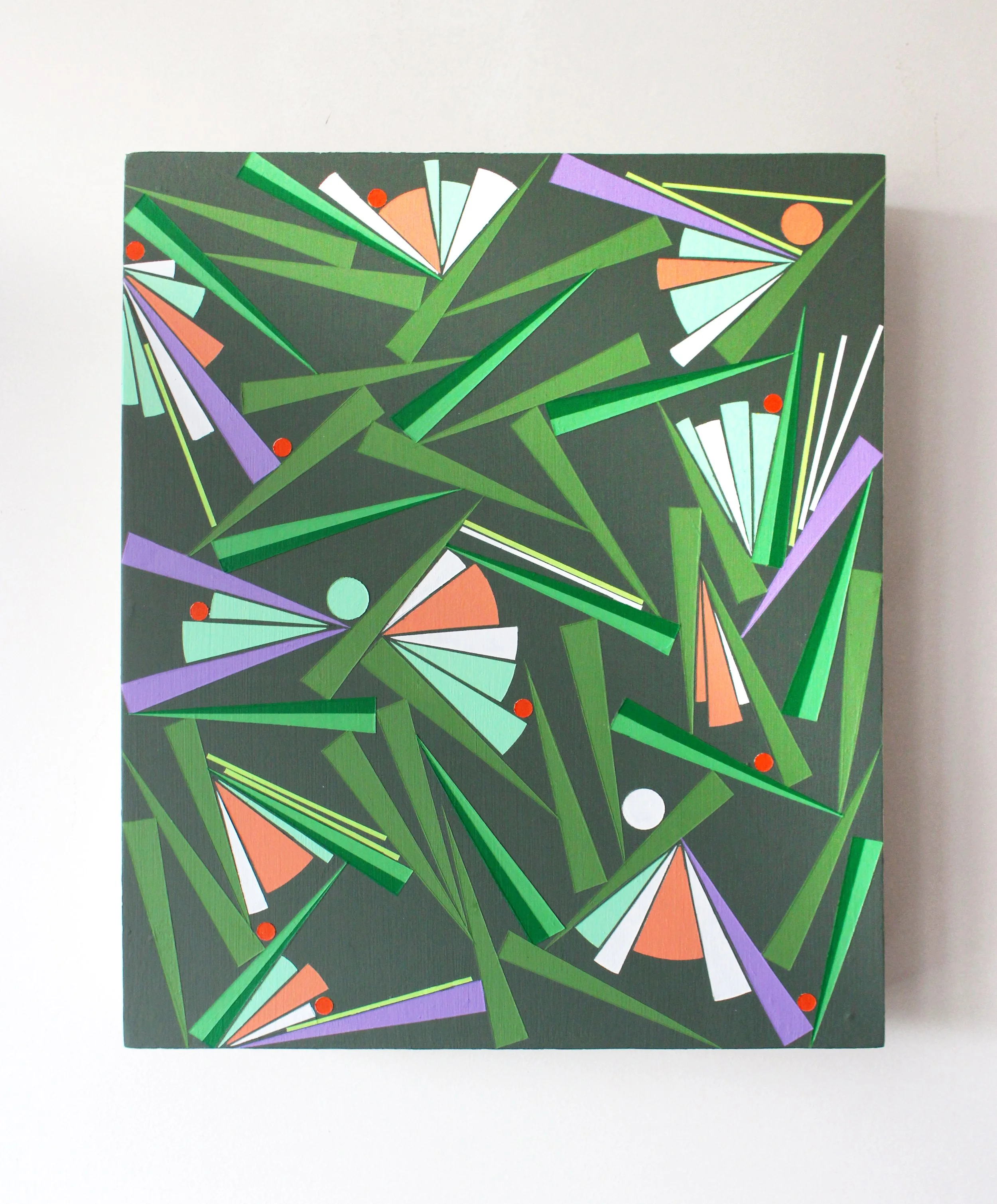 Jeremy Morgan's 'Microdoser' painting on a white backgound. The painting is comprised of wedges and circles in green, orange, white and purple on a dark green backdrop