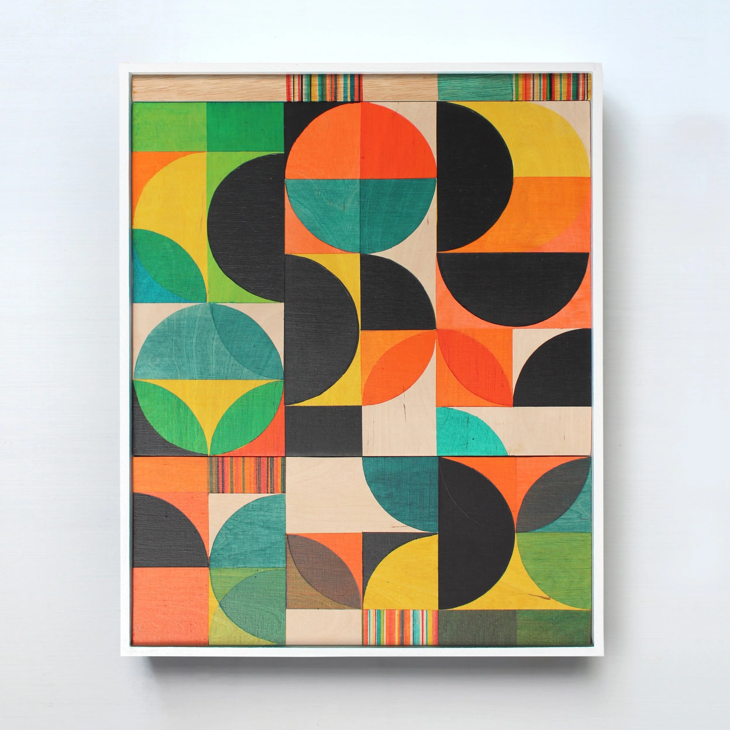 Jeremy Morgan's 'Quencher' painting on a white background. The painting is made up of various rounded and geometric blocks in yellow, brown, orange and green