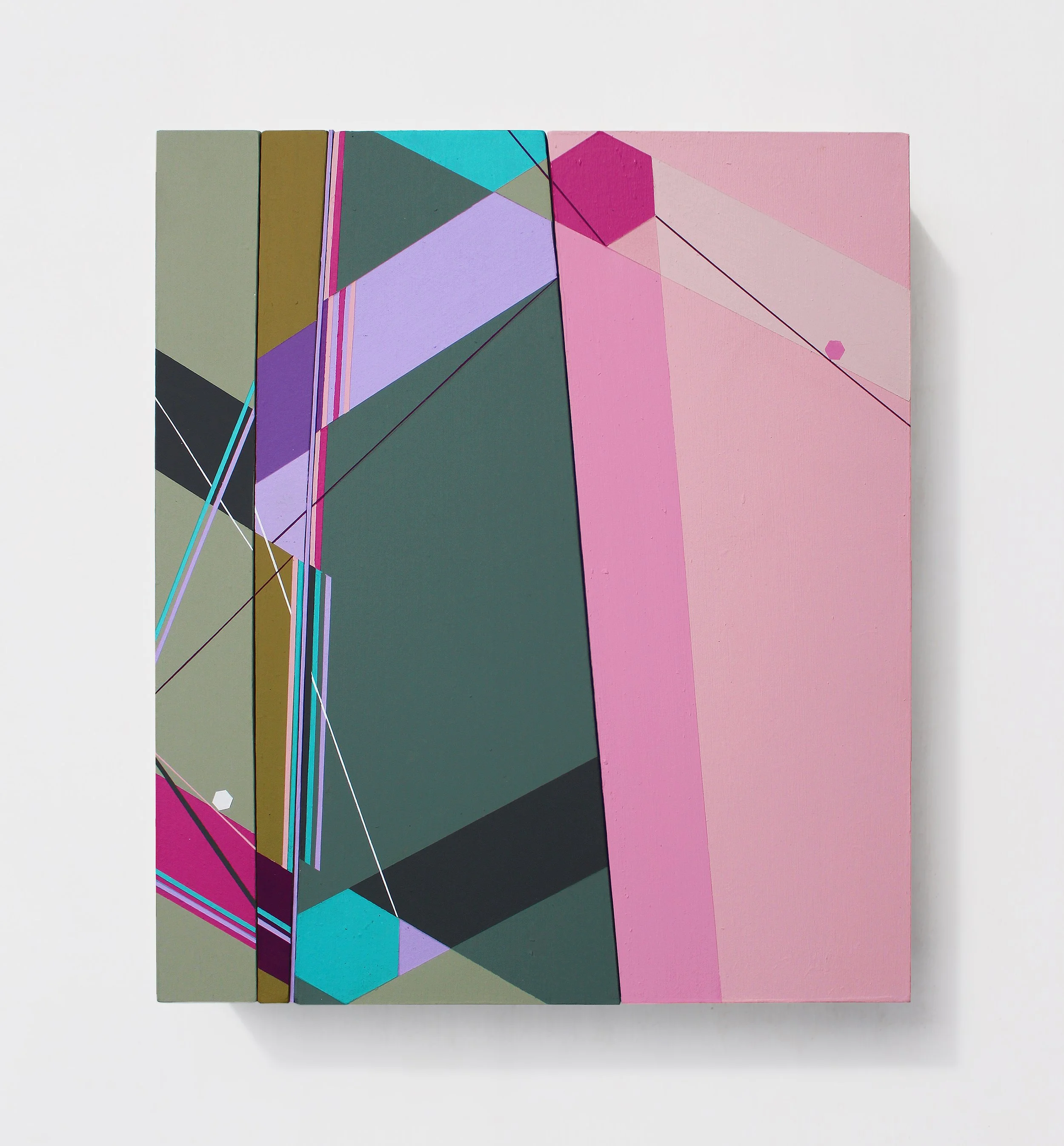 Jeremy Morgan's 'Rebounder' painting against a white background. The painting is comprised of geometrical lines and sections in grey, turquoise and pink