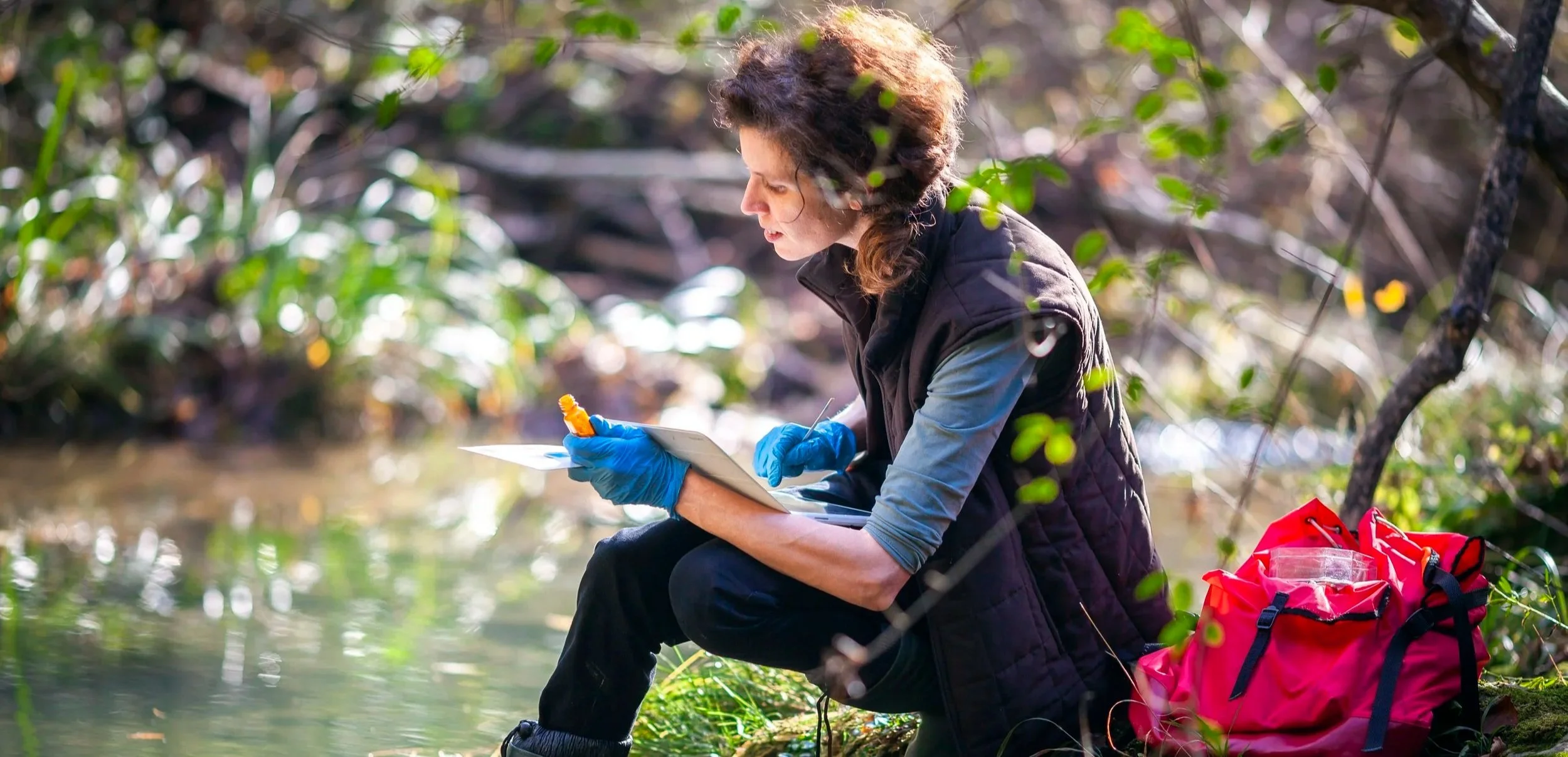 Researcher collecting field samples beside a stream — the kind of work myresearchcloud.ca's free, Canadian-hosted computing supports.