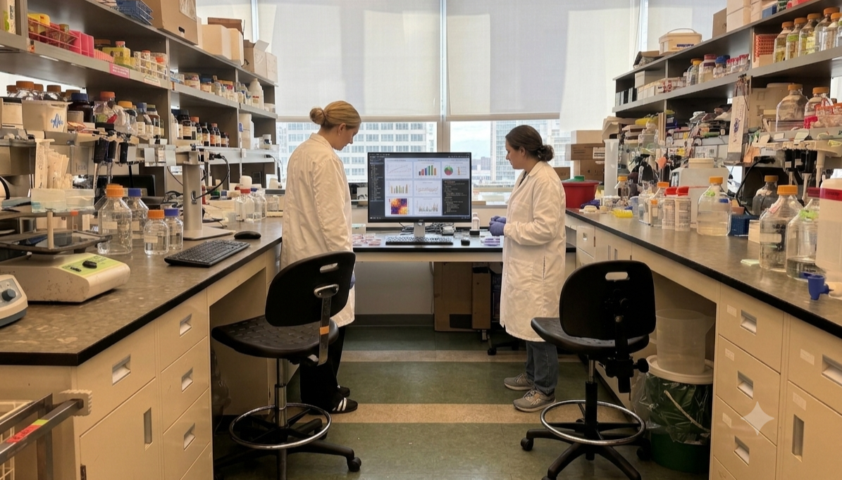 Two researchers in a lab reviewing data on a monitor — the kind of research Computing for Humanity's donors help fund.