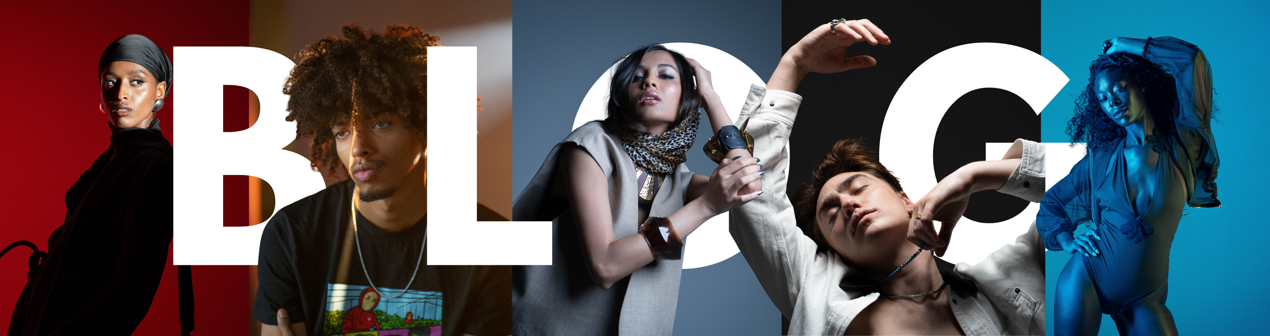 Editorial banner for Donnell Asare’s blog, showcasing five distinct fashion portraits across bold vertical panels in red, gray, blue, black, and cyan. Each individual is styled and posed to reflect diverse aesthetics and expressive character.