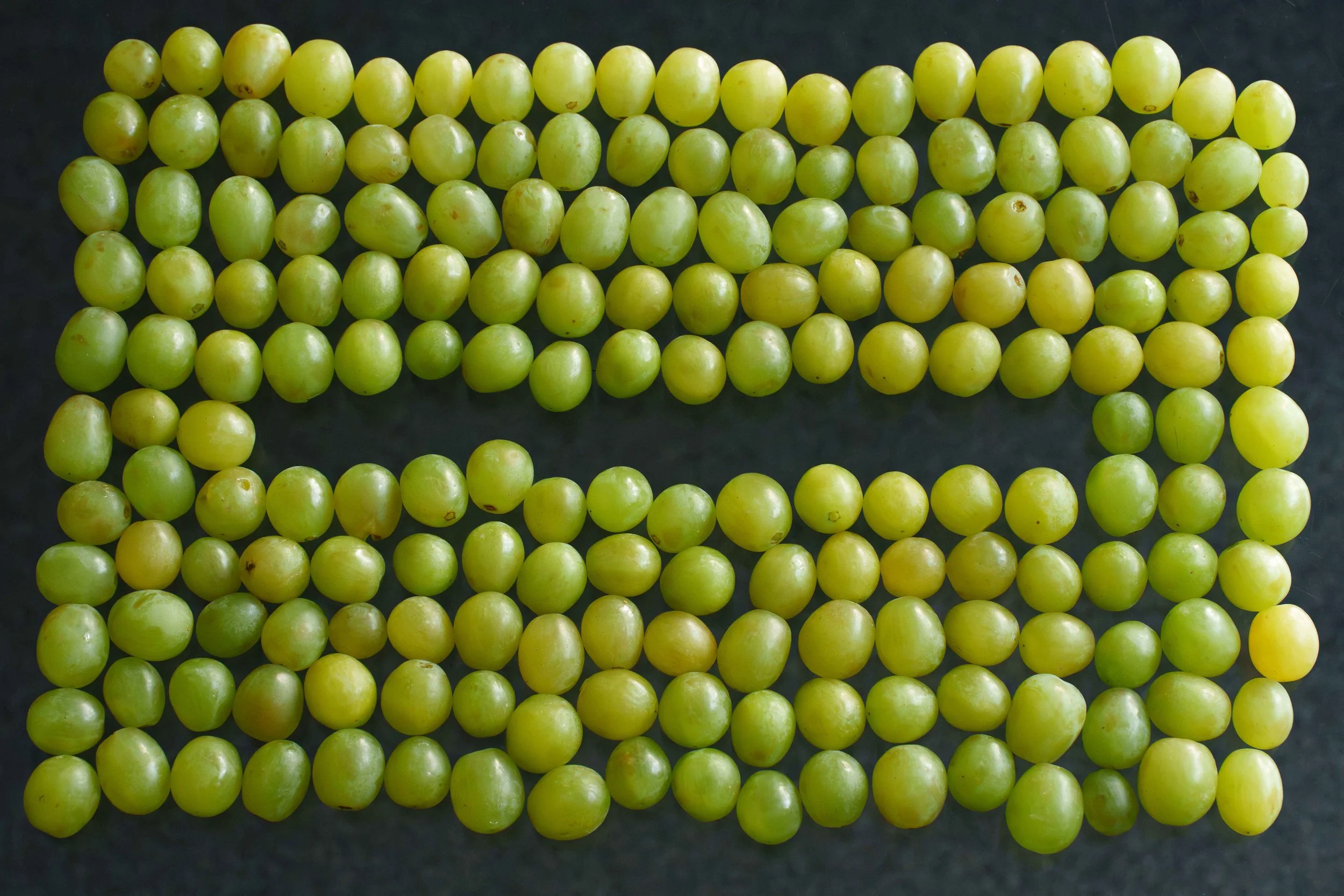 Green grapes arranged to form the American flag on a dark background.