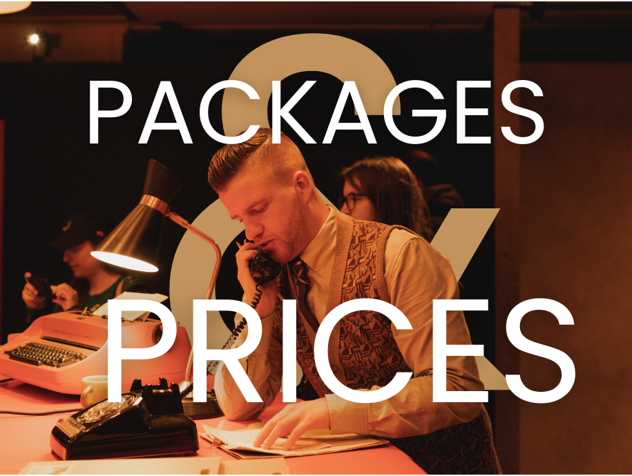 An image from London Portrait Photographer Donnell Asare's blog shows a man in a formal shirt and patterned vest speaking on a rotary phone while jotting notes at a desk equipped with a vintage typewriter and desk lamp.