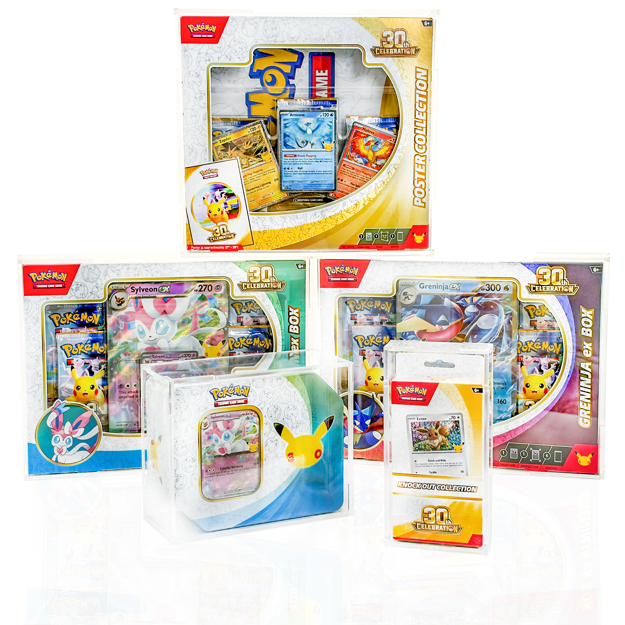 A display stand with unopened Pokémon trading card packs, including Sword and Shield Scarlet & Violet, Obsidian Flames, and other series, on a dark surface in a store.