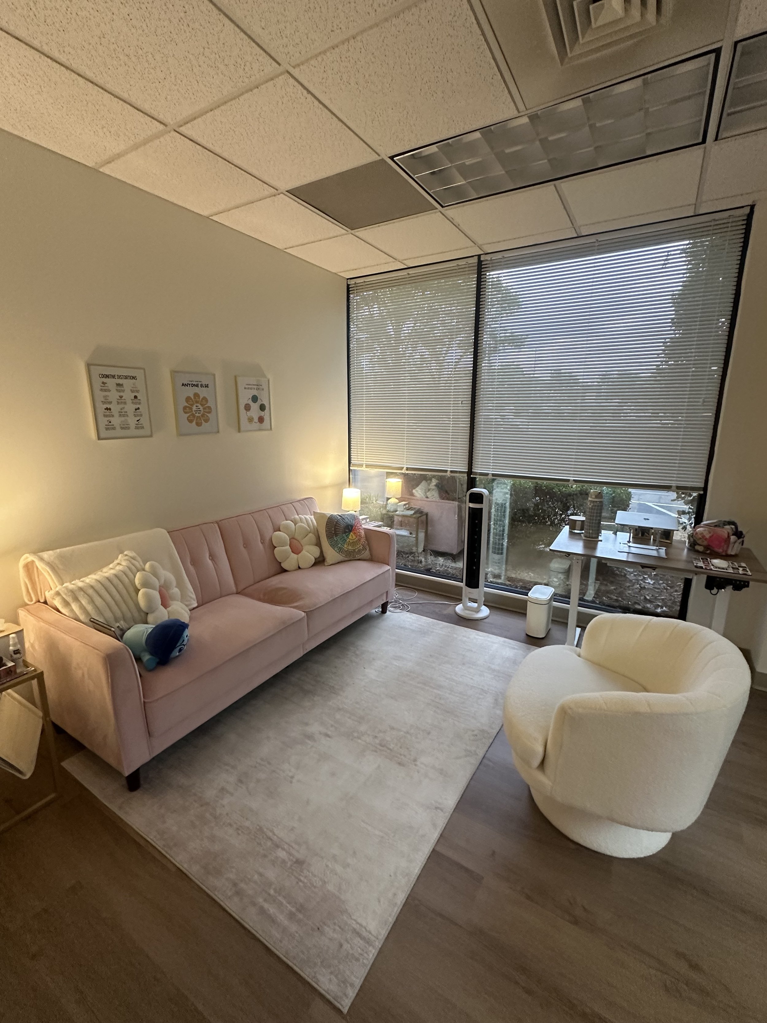A cozy space with comfy seating, coloring books, fidgets, and a weighted plushie to help you feel a little more at ease.