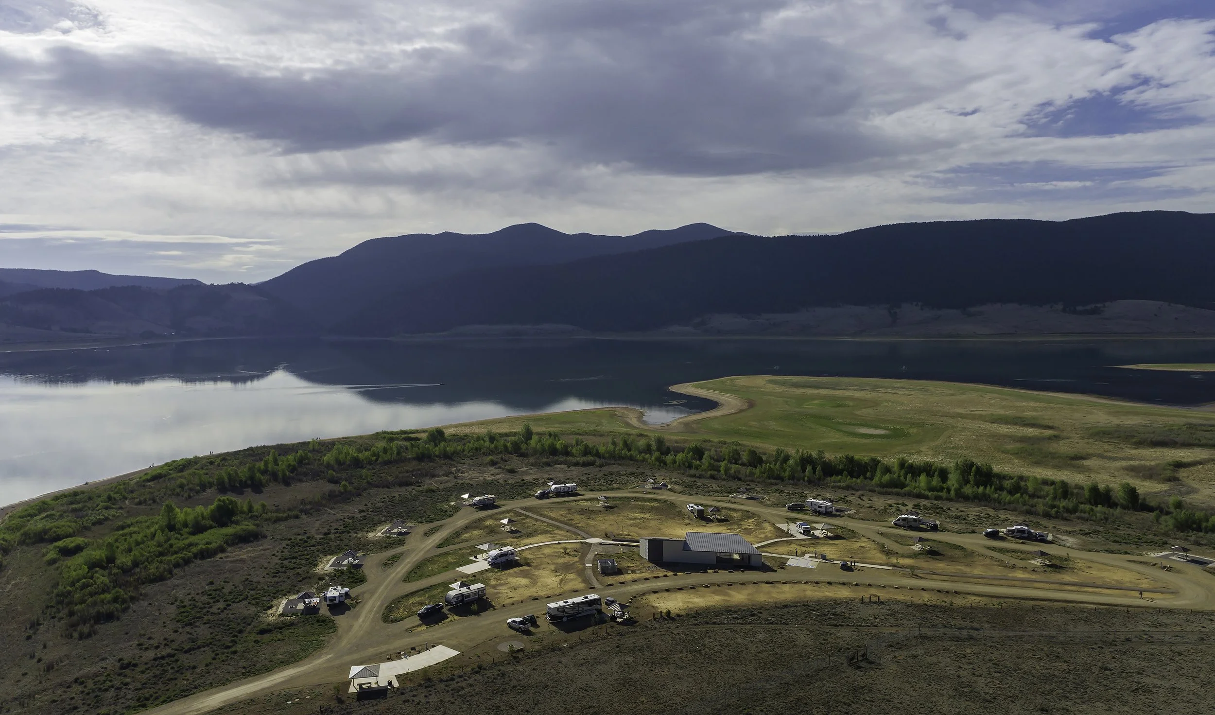 Aerial view of comfort station and campgrounds above Eagle Nest Lake