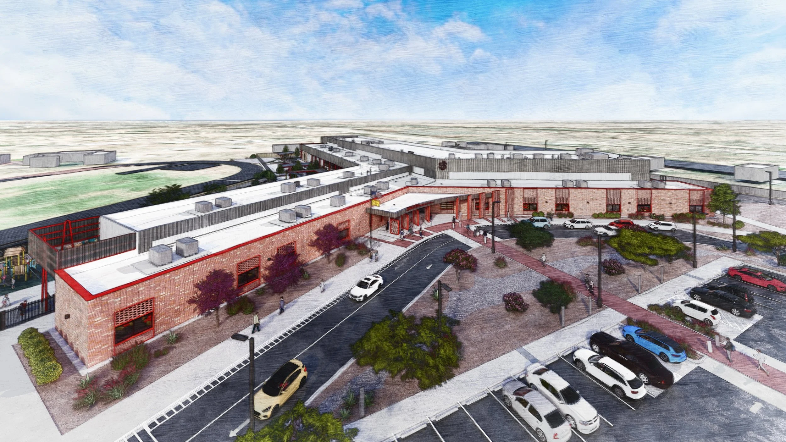Birds eye view of replacement school, artfully designed with brick and red school colors