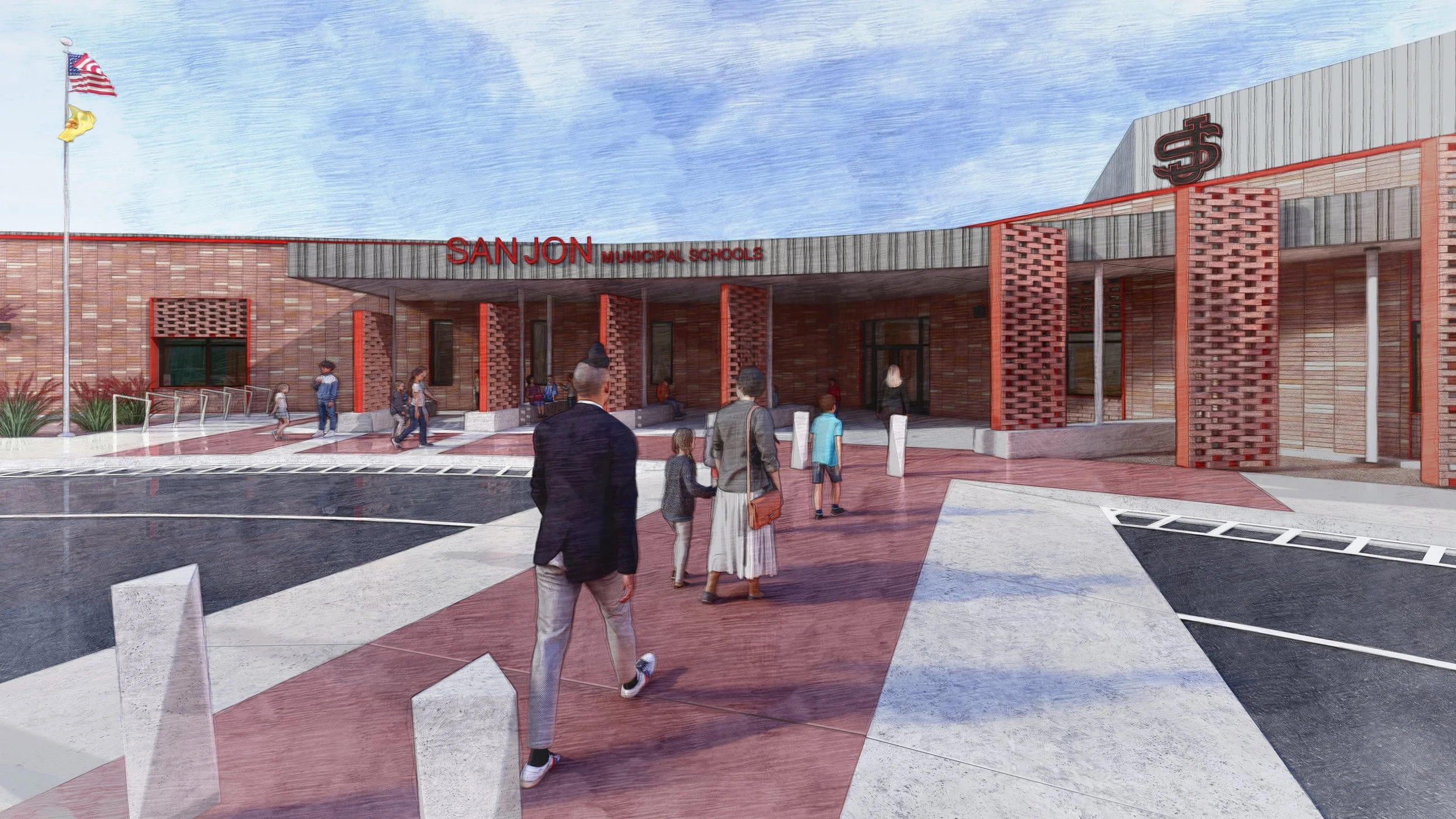 Students and parents walking into new school entrance designed with brick and metal panel